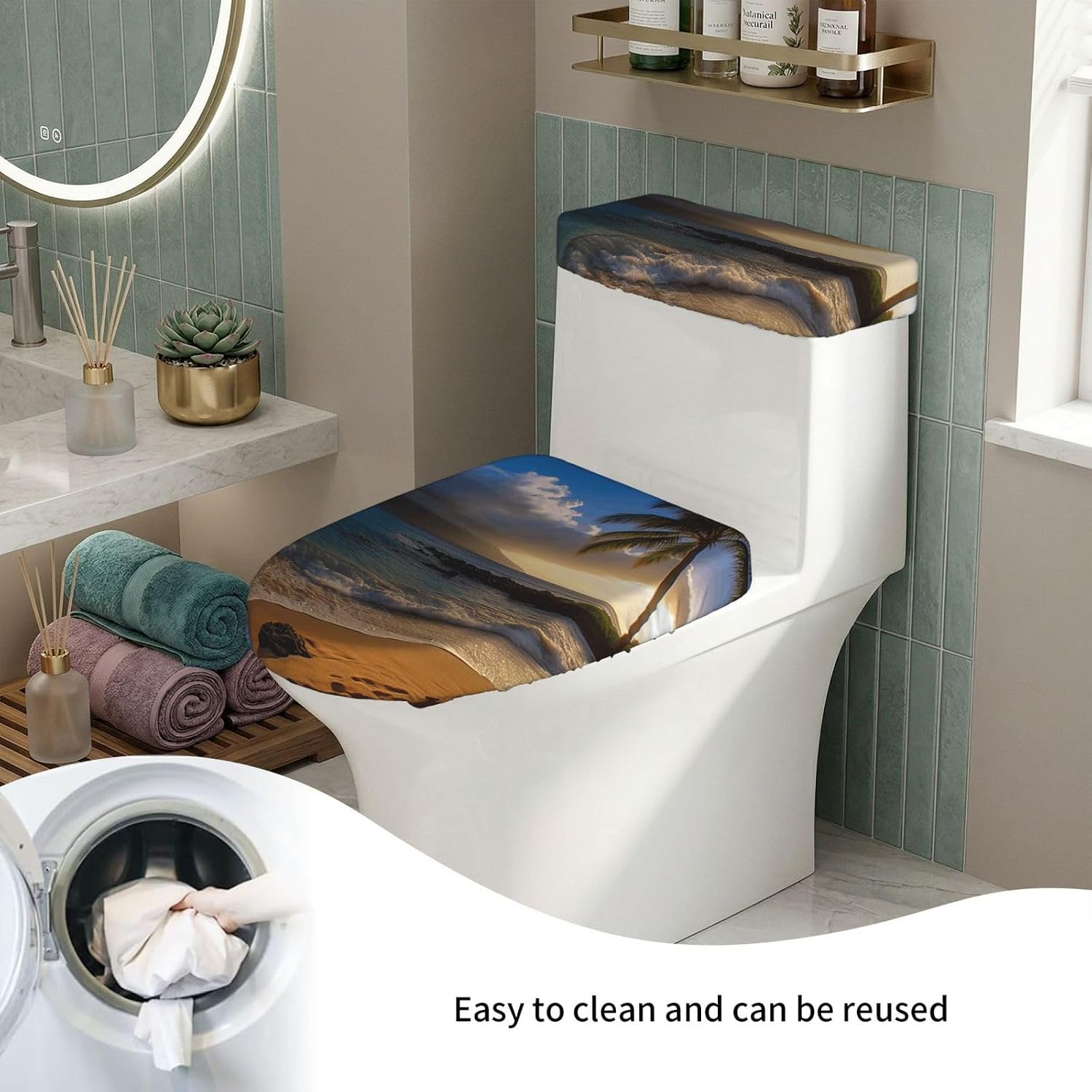 Hawaii Beach Toilet Tank Cover And Toilet Lid Cover Set Stretch Bathroom Toilet Lid Seat Cover