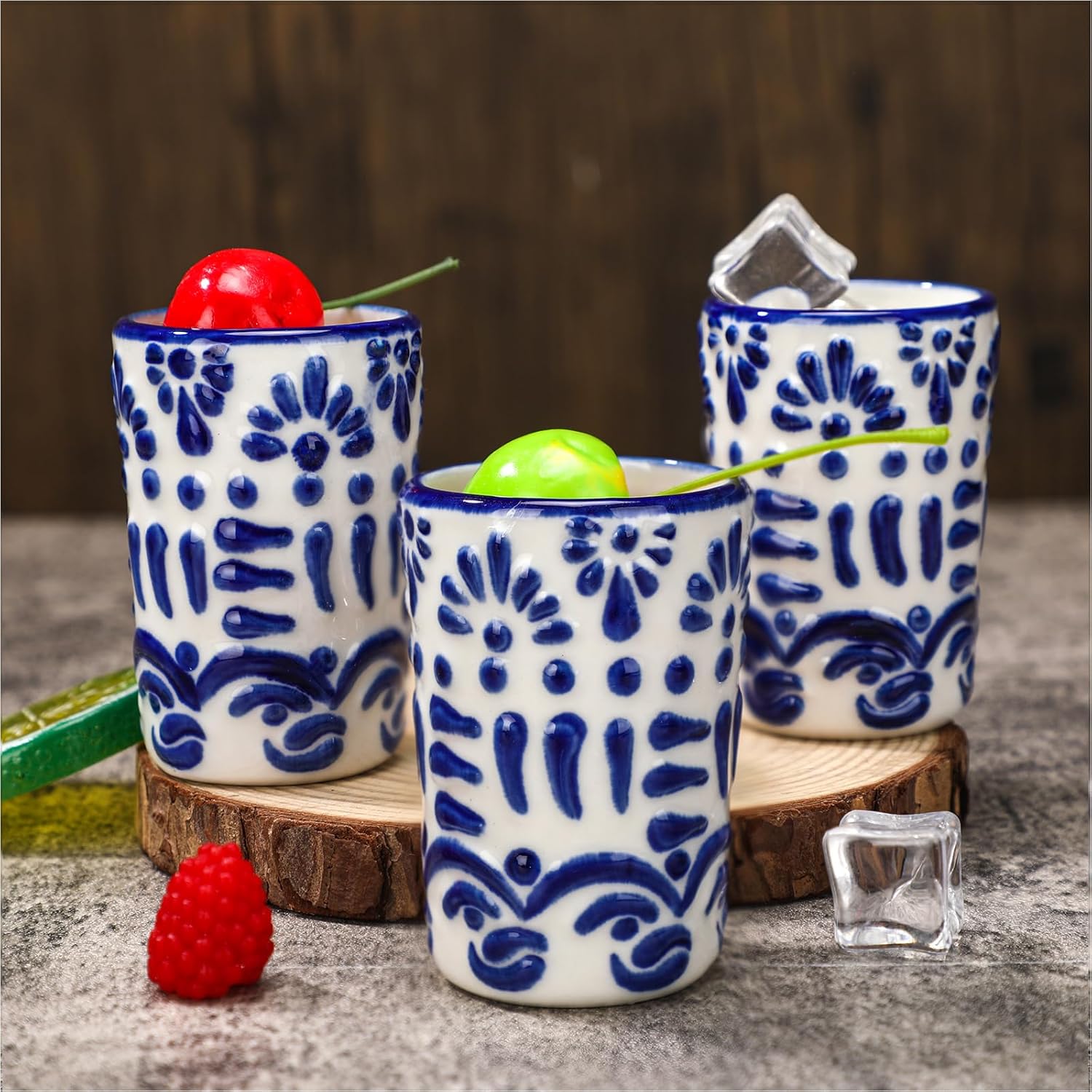 Roshtia 6 Pcs Mexican Tequila Shot Glasses Set 2 oz Talavera Shot Glasses Handmade Ceramic Cups with White Decoration Mexican Pottery Gift Mugs for Tequila Lover Bachelorette Party(Blue)