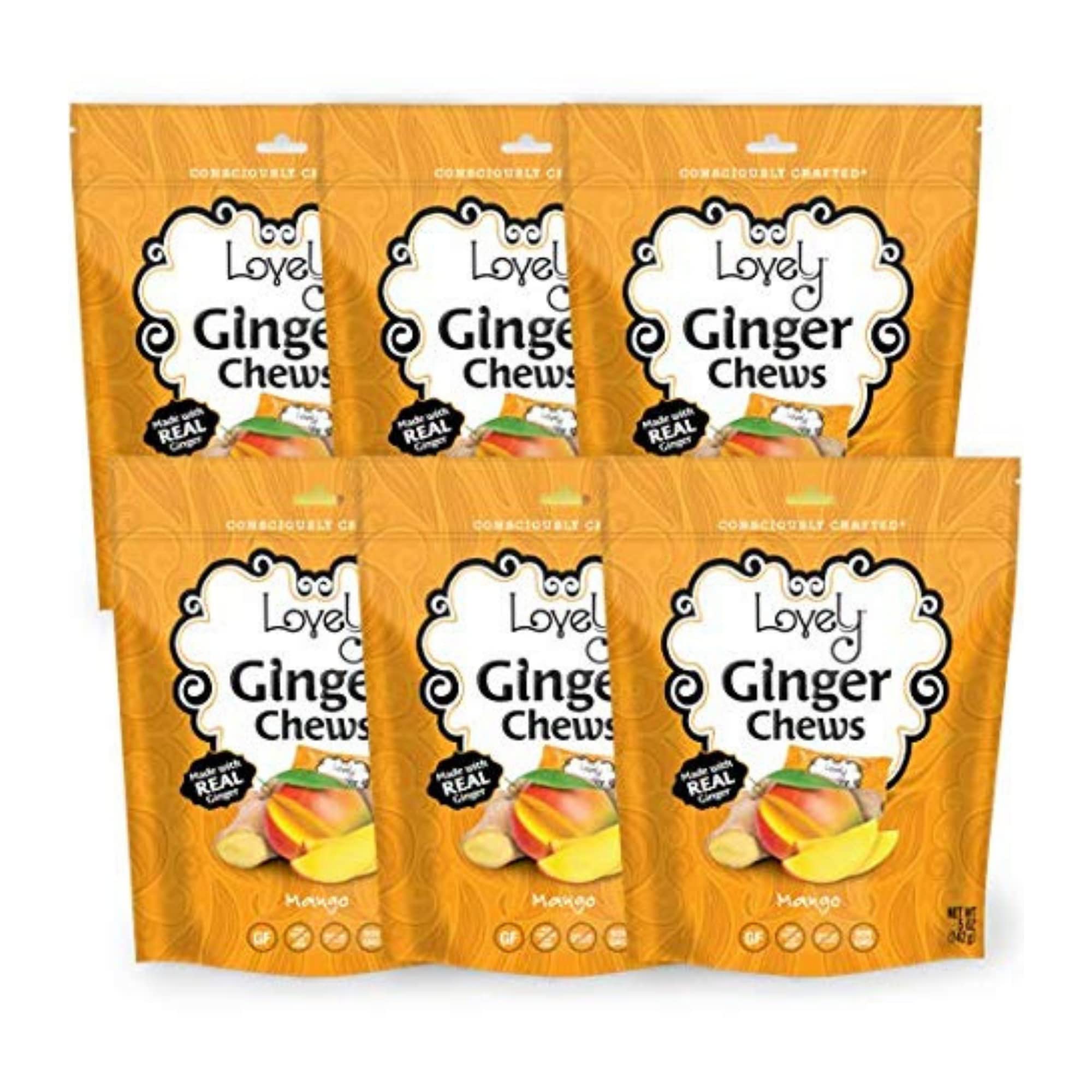 Lovely Candy Co.Mango Ginger Chews, Made with Real Ginger, Individually Wrapped, 5oz (6-Pack) | Gluten-Free, Non-GMO, NO Artificial Ingredients, NO High Fructose Corn Syrup | 4 Simple Ingredients!