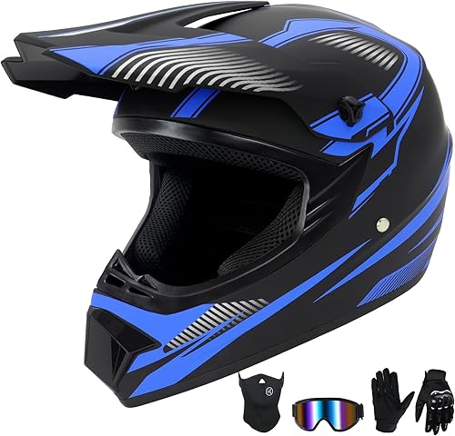 Casco de motocross para niños jóvenes, casco de motocicleta Dirt Bike todoterreno con (gafas, guantes, máscara), juego de 4 piezas, casco de cara