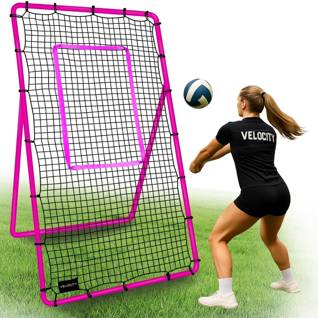 Volleyball Rebounder Pink, 7x4 ft Adjustable Volleyball Rebounder Net, Bounce Back Training Equipment, Net for Single Player, Durable & Portable with Travel Bag