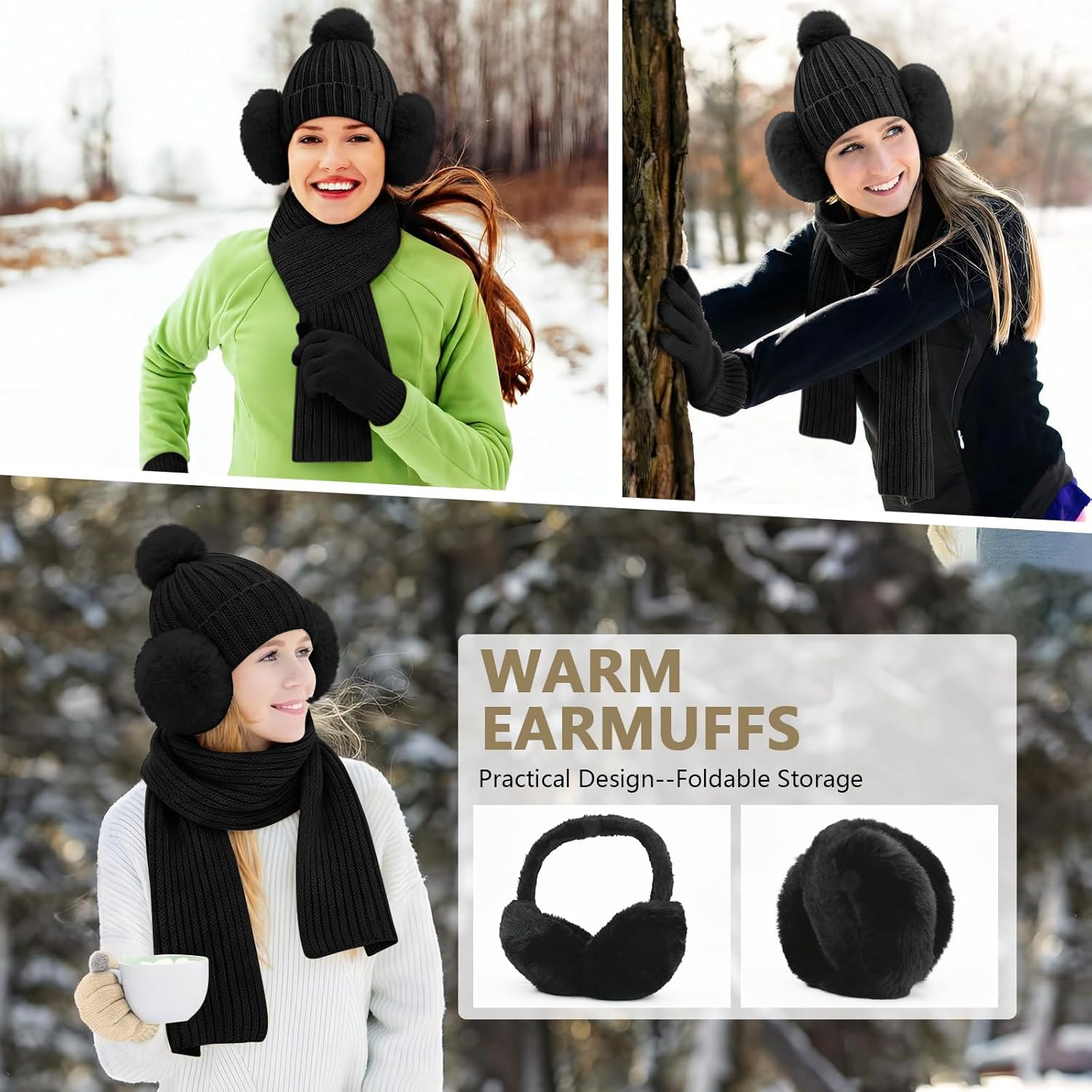 5 Pcs Womens Hat Scarf Gloves Set Winter Beanies Ear Muffs Touch Screen Gloves Knit Fuzzy Fleece Skull Cap Gifts - Image 4