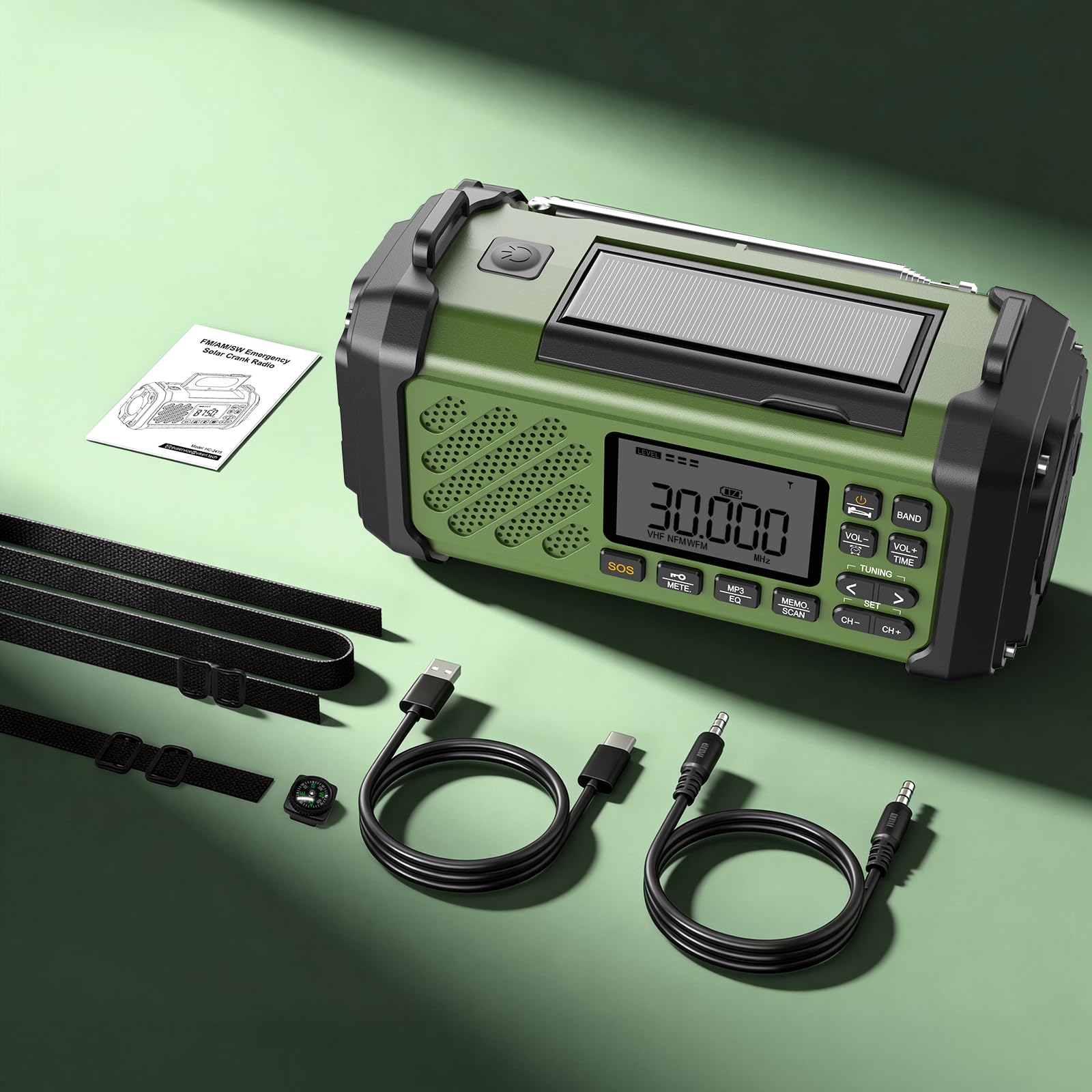 Vikeri Kurbelradio 12000mAh, Notfallradio mit Kurbel und Solar mit AM/FM/SW, LED Camping Licht,SOS Alarm,Kompass, USB-C Handyladung, Tragbare Radio mit Tragegurt für Notfall (Grün)