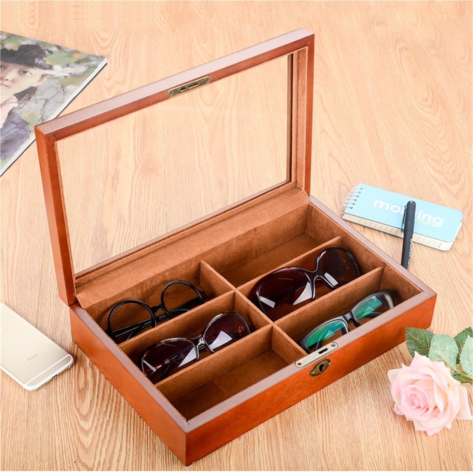 Organizador para Gafas De Sol Organizador de Gafas de Sol de Madera for Mujer y Hombre, Estuche de exposición for Gafas de Sol, Caja de Soporte for Almacenamiento con 6 Ranuras