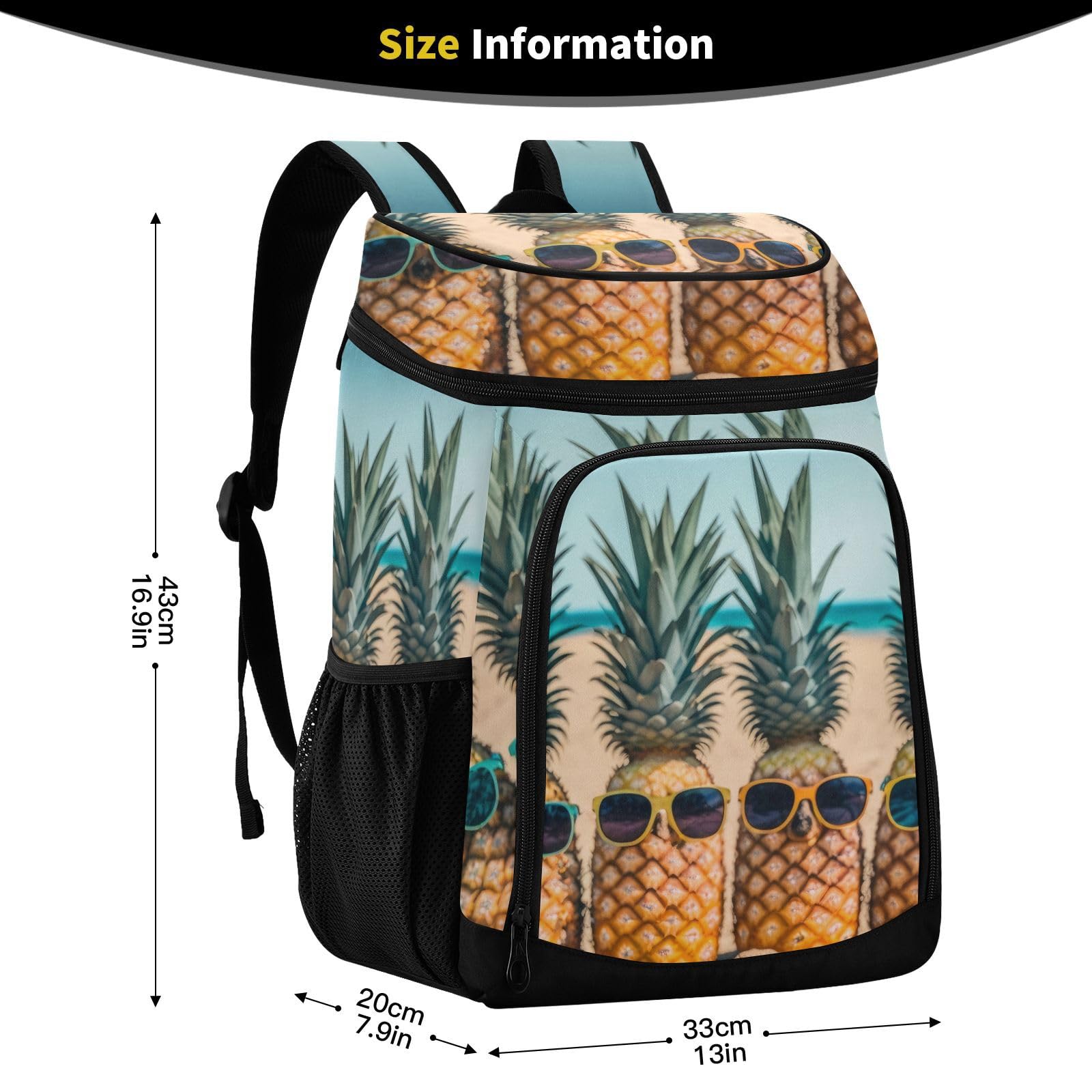 ZENWAWA Insulated Cooler Backpack Cool Summer Pineapple, Leakproof Lightweight 36 Cans Beach Backpack for Camping Picnic Hiking 13×7.9×16.9 in