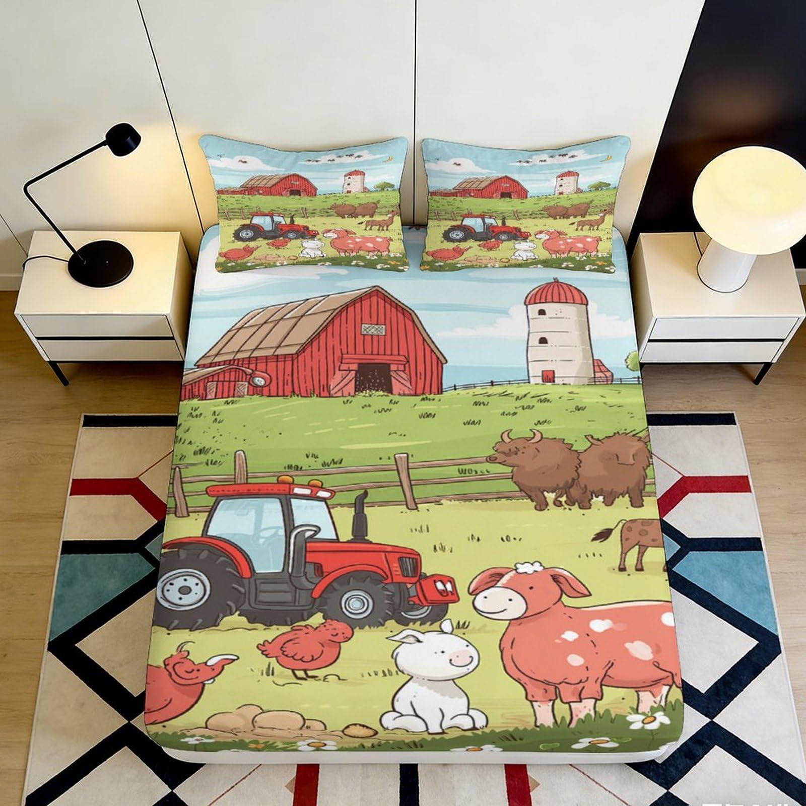 3D Printed Farm Barn Fitted Sheet Microfiber Red Tractor Mattress Cover for Bedroom Dorm Easy Wash Anti-Slip Decor 160x200x25cm