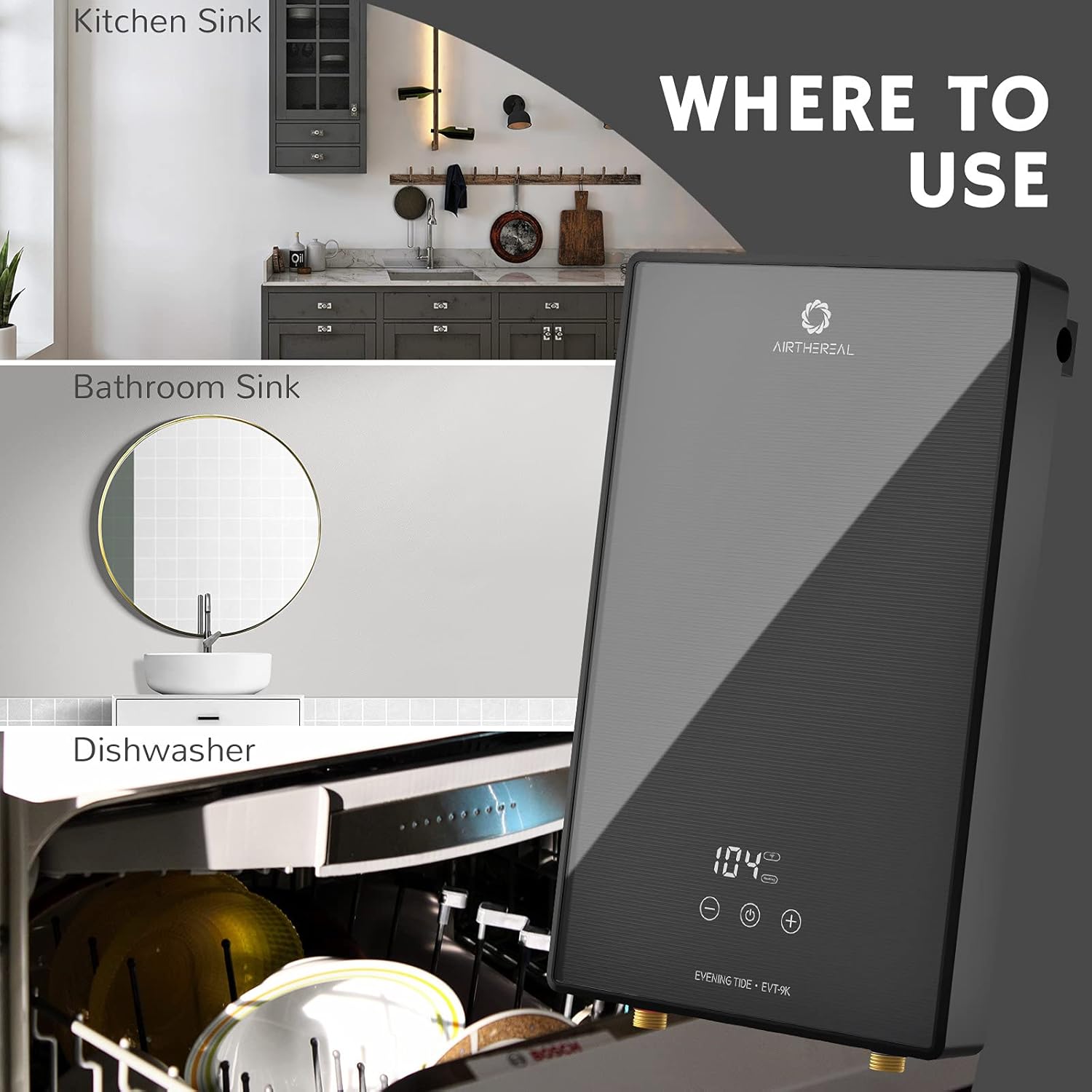 Airthereal Electric Tankless Water Heater, 9kW, 240Volts - Endless On-Demand Hot Water - Self Modulates to Save Energy Use - for Sink and Faucet, Evening Tide series - - 