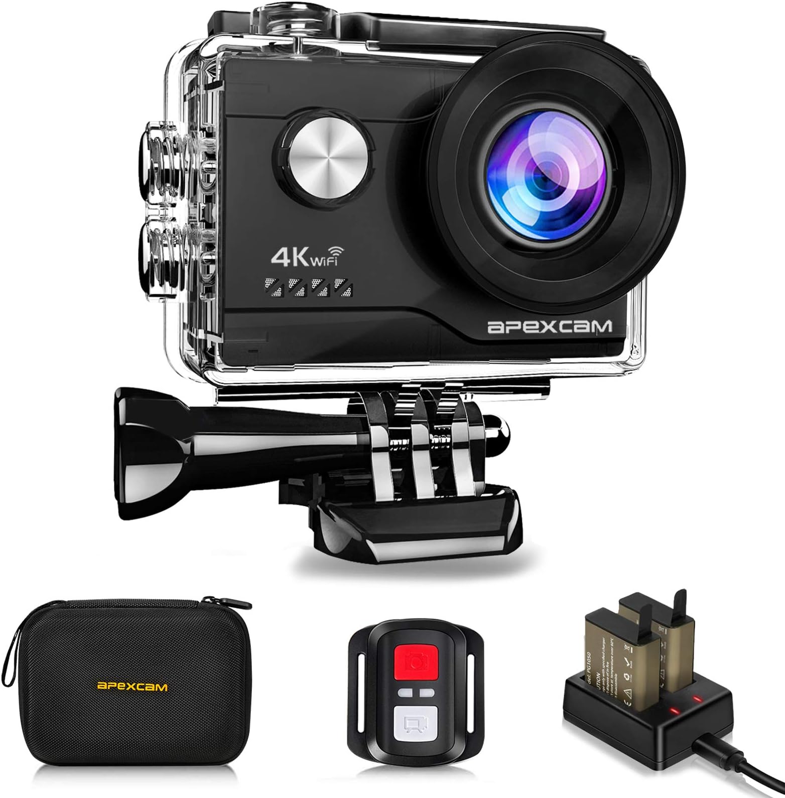 Apexcam 4K Action Camera 20MP 40M Waterproof Sports Camera Ultra HD 170°Wide-Angle 2.4G Remote Control 2 Rechargeable Batteries 2.0'' LCD Screen and Accessories Kit