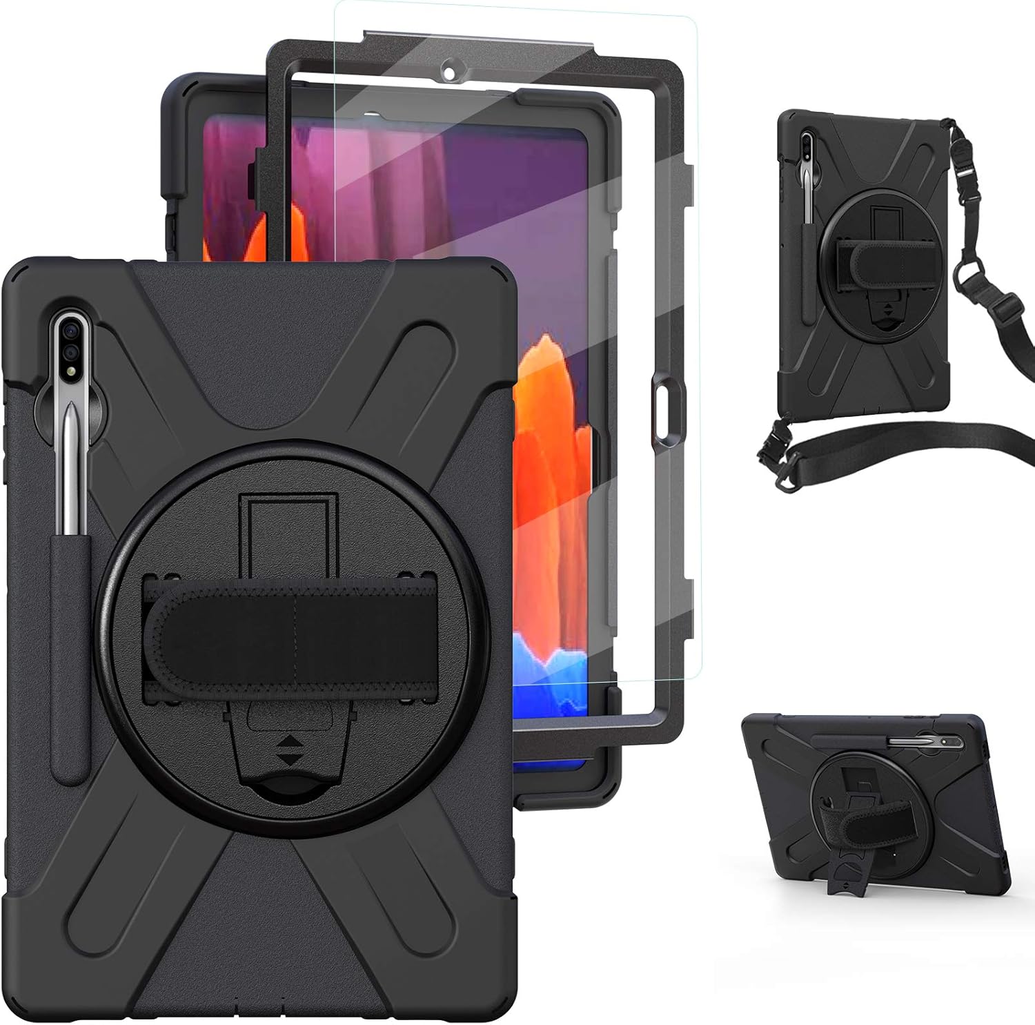 One-Day Sale: Up to 80% Off Samsung Galaxy Tab S7 Plus Case 2020 with S Pen Holder [Built-in Screen Proector] | TSQQST Heavy Duty Rugged Shockproof w/ Stand Hand Shoulder Strap Cover for Galaxy Tab S7+ 12.4 Inch SM-T970, Black