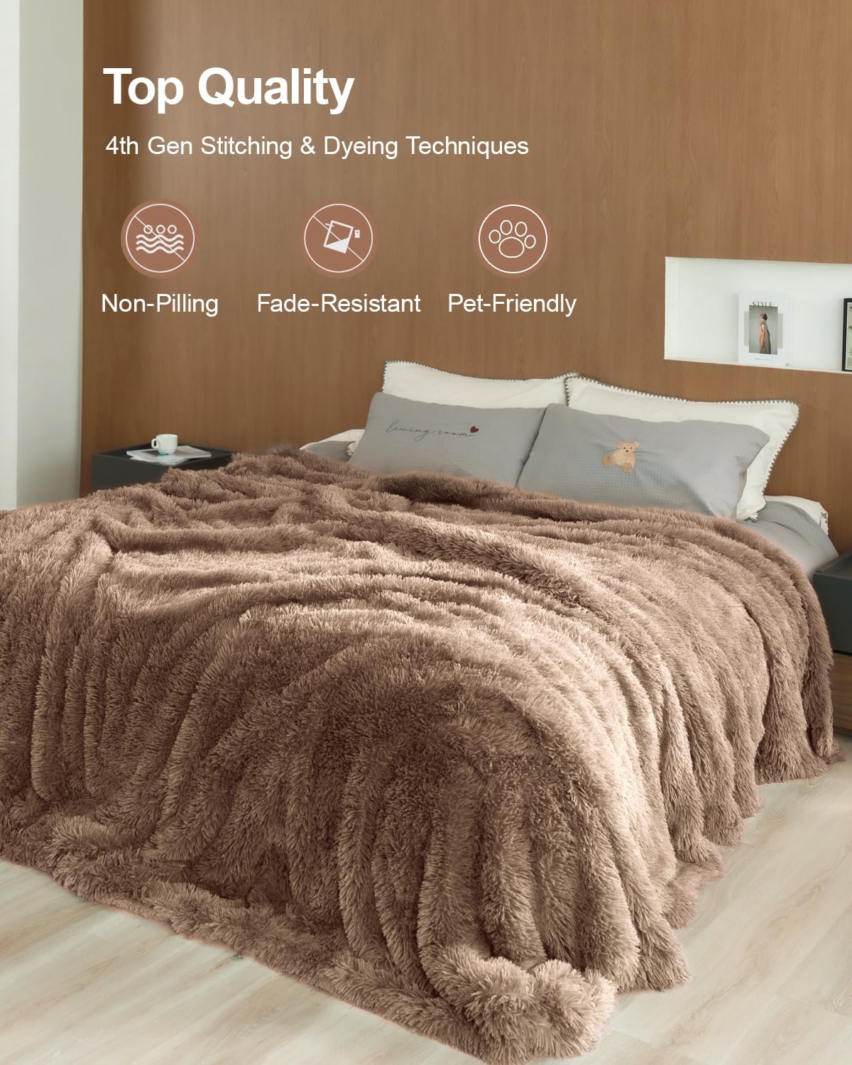 Pawque Luxury Faux Fur Throw Blanket Super Soft Oversized Throw Blankets, 90x90 inches, Decorative Blankets for Sofa Couch Bed Chair Photo Props, Breathable & Washable, Brown