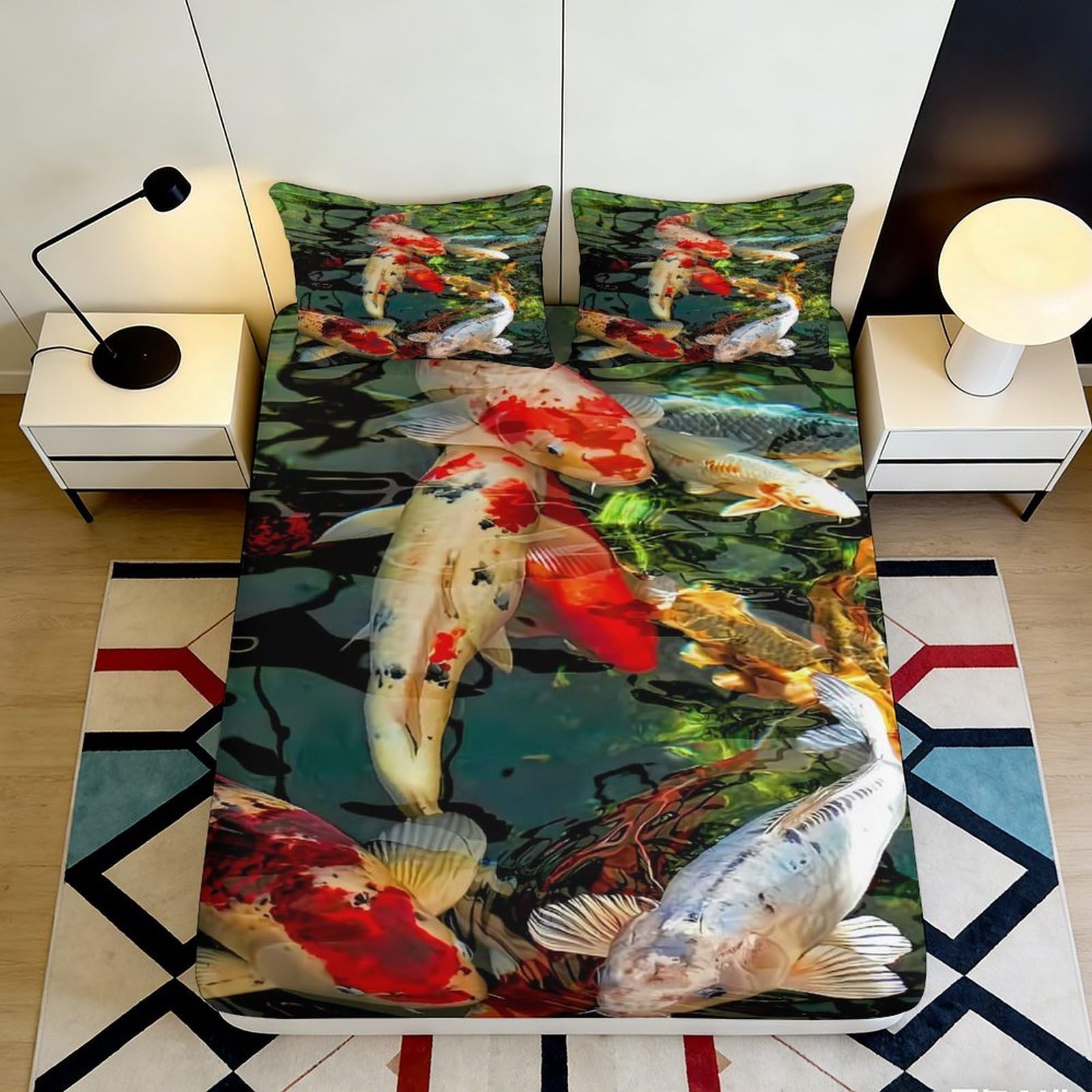 Pnayamiorkfel Style-7 3D Printed Koi Fish Pond Fitted Sheet Microfiber Soft Mattress Cover Decor For Bedroom Guest Room Easy Care 90X200x25cm