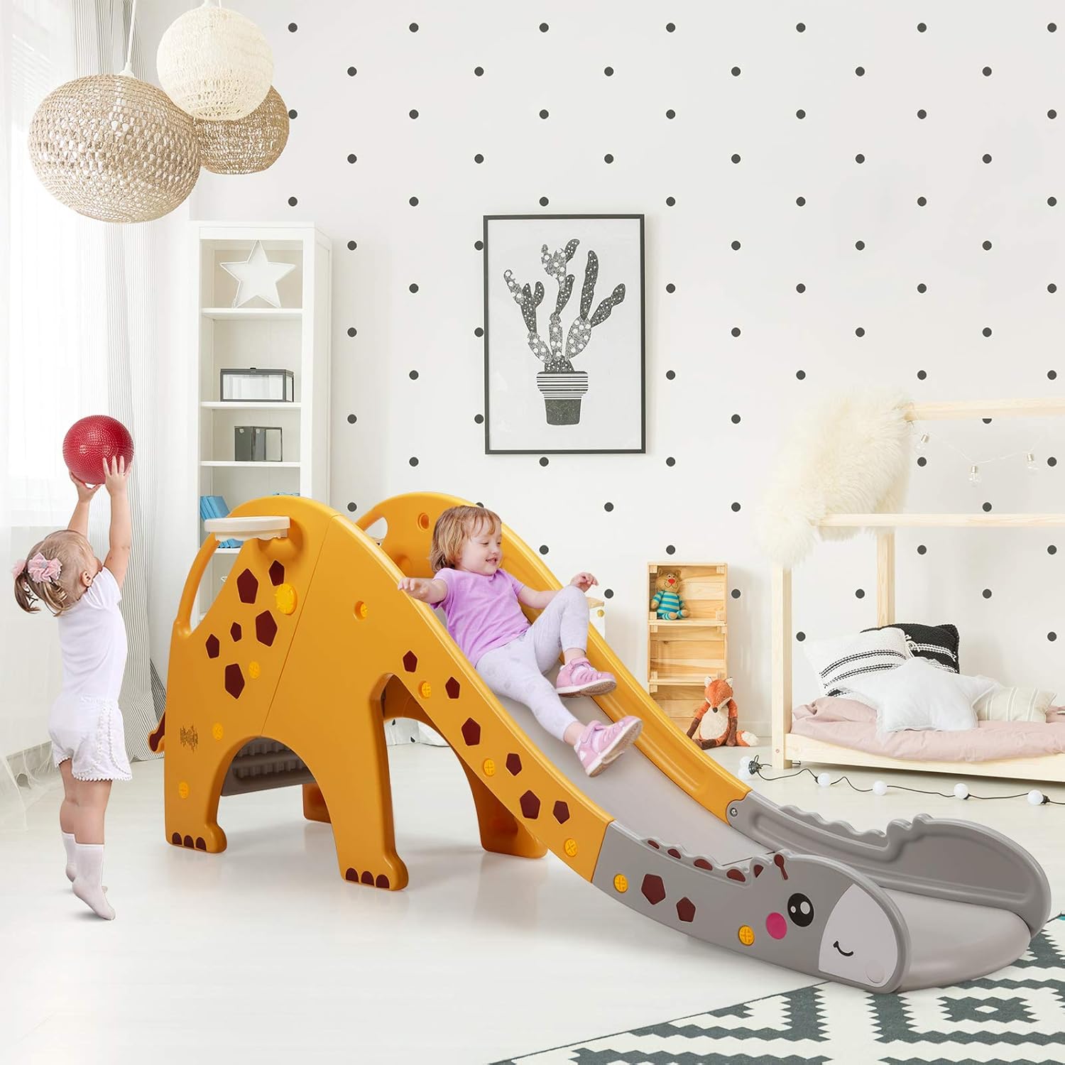 HOMGX 3 in 1 Toddler Slide Playset with Ball, Kids Climber Slide Toy w/Basketball Hoop, Children Backyard Play Center w/Climb Stairs, Indoor Outdoor Extra Long Slide Playset for Boy & Girl (Yellow)