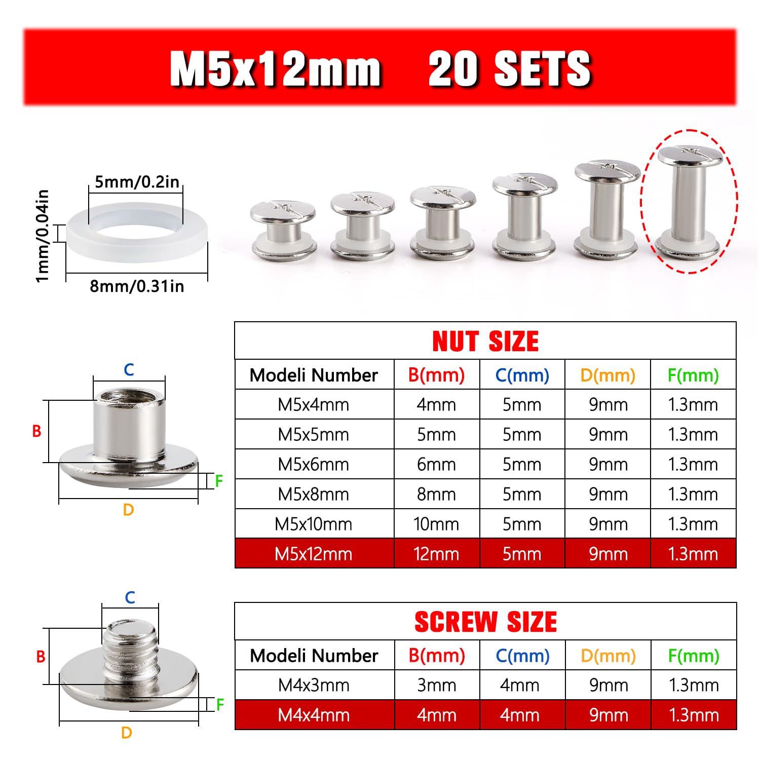 YIXISI 20 Set M5x12mm Chicago Binding Screws Kit, Book Binding Rivets, Leather Rivets, Binding Screws Posts - Image 2