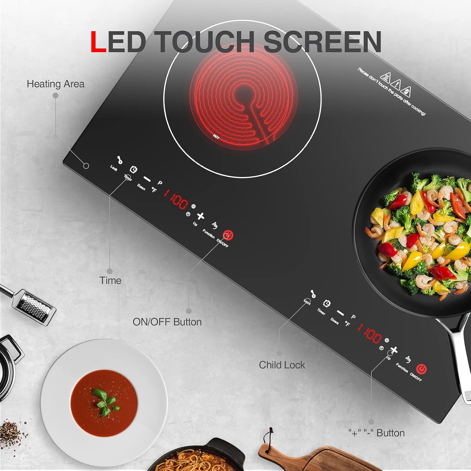 Electric Cooktop, 2 Burner Electric Cooktop LED Touch Screen, 9 Heating Levels, Hot Surface Indicator Hot Plates for Cooking, 2400W 120V Built
