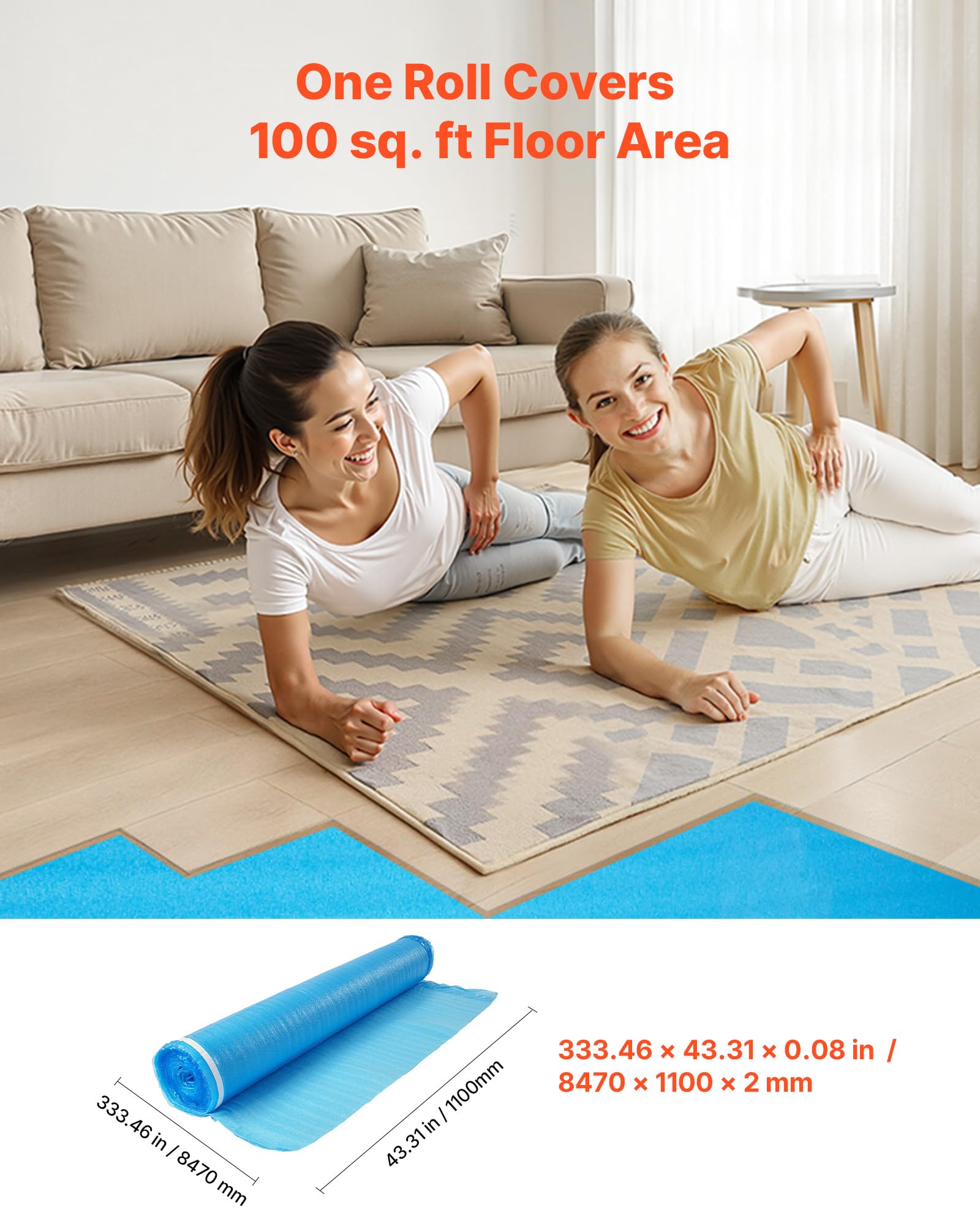 VEVOR Trittschalldämmung, 55,8 m², 3-in-1 2 mm dicke Dämmungunterlage mit Klebeband & Dampfsperre, EPE-Schaum mit blauem PE, Schalldämmung & Geräuschreduzierung, für Laminat-Holzböden, 6 Stk.