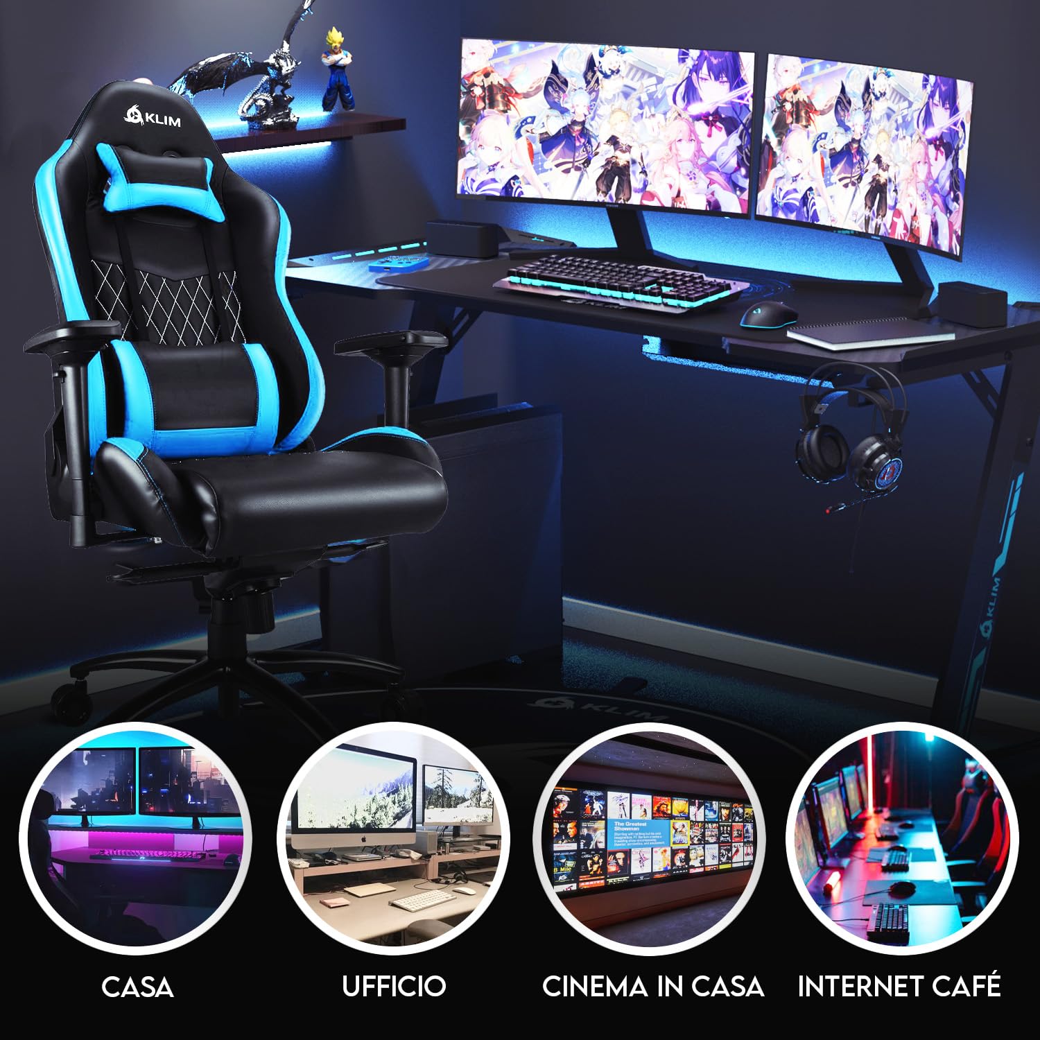 KLIM eSports - Sedia gaming blu di Alta Qualità + Supporto Lombare e Cervicale + Reclinabile + Poltrona Gaming Ergonomica e Regolabile + Pelle Sintetica e Materiali Premium [NUOVA VERSIONE]
