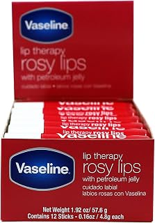 Vaseline Lip Therapy Rosy Lips Balm Sticks, 12 Pack - Fast Hydration for Dry, Chapped Lips with Rosy Glow