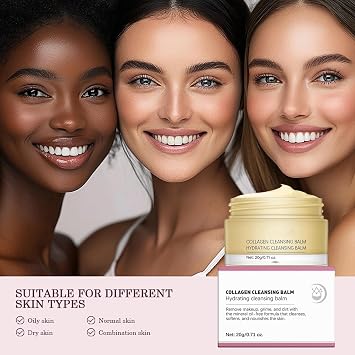 Collagen Cleansing Balm, 3-in-1 Melting Facial Cleanser for Makeup Remover, Rose Fragrance Face Eye Makeup Remover Balm, Nourishes & Soothes Skin, Quickly Dissolves Makeup, 20g
