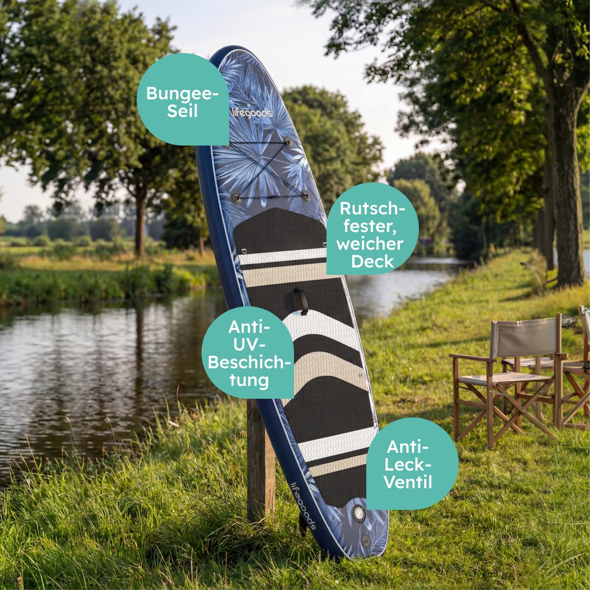 LifeGoods SUP Board Set - Aufblasbare Stand Up Paddling Board - Komplettes Set inklusive Zubehör und Verstellbares Padel - Geeignet für Anfänger und Fortgeschrittene - Bis 150KG - 320x81cm
