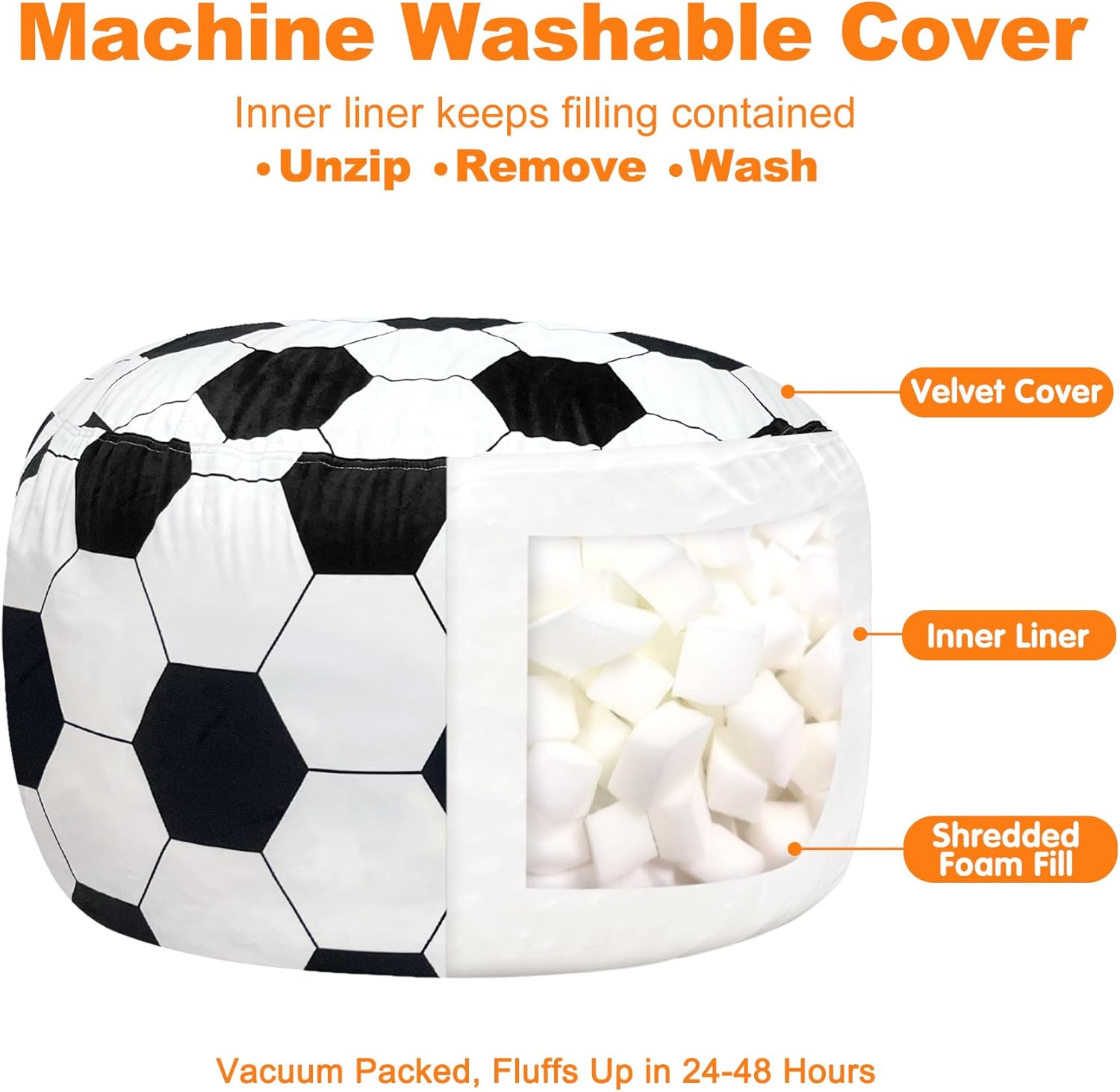 Lukeight Soccer Bean Bag Chair for Kids and Teens, Memory Foam Filled Floor Lounger, Washable Velvet Cover with Inner Liner, Beanbag Chair with Filling for Gaming and Reading, Large 27" D x 16" H