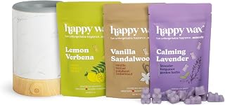 Happy Wax Marble Signature Warmer and Wax Melts Kit (Best) - Includes: Lemon Verbena, Vanilla Sandalwood and Calming Lavender
