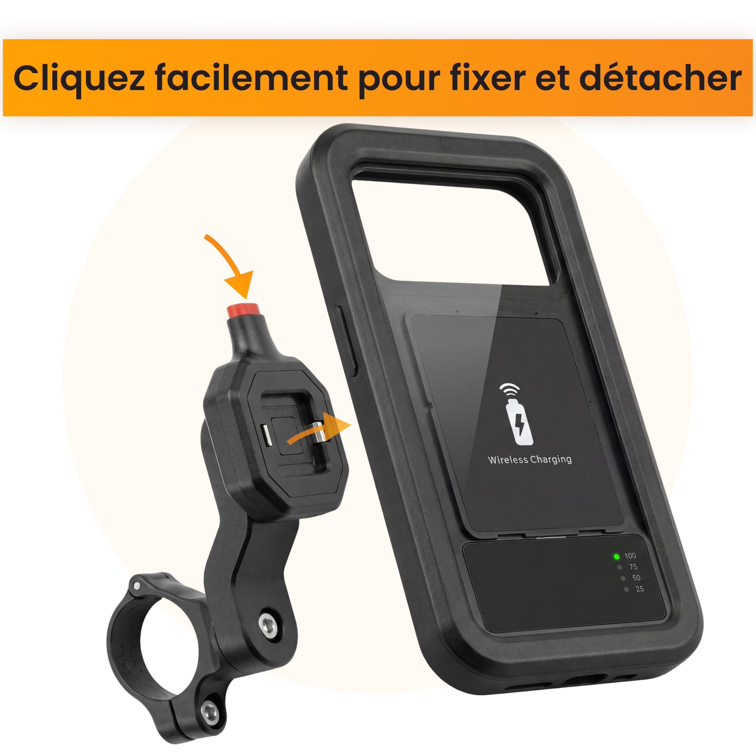 R2B Support Téléphone Vélo avec Batterie Externe 5000mAh, Support Vélo Étanche Téléphone Support Smartphone Vélo avec Charge sans Fil pour Moto, Scooter et E-Bike