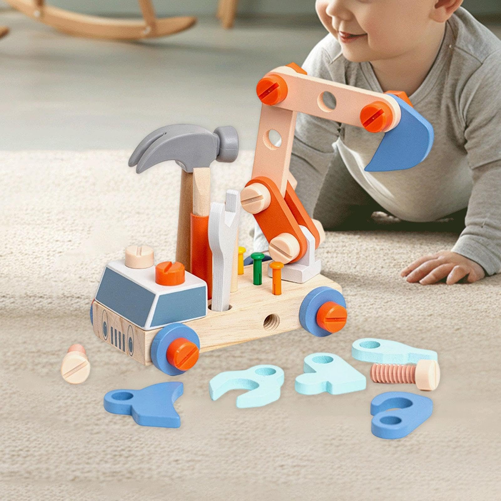 Set di Attrezzi in Legno per Auto, Giocattoli per L'apprendimento delle Abilità Motorie Fini E della Coordinazione Occhio-Mano