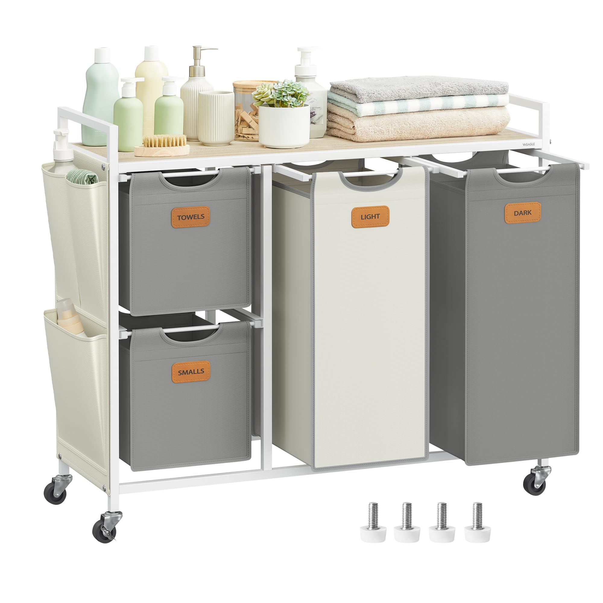 VASAGLE Wäschekorb, Wäschesammler, Wäschesortierer, Rollen, Wäschewagen mit Ablage, kleine seitliche Taschen, 6 Etiketten, 4 Fächer, 150 L, naturbeige-taubengrau-cremeweiß BLH203G01