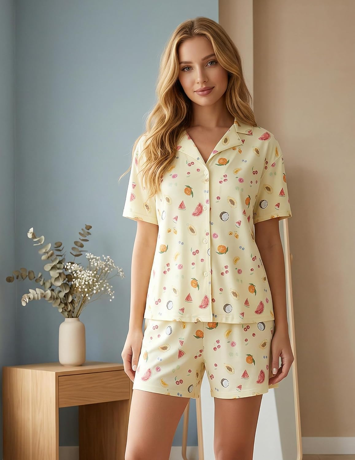 Womens 2 Piece Cute Fruit Pajamas Floral Pjs Button Down Short Sleeve and Shorts Set Y2K Summer Lounge Set Sleepwear