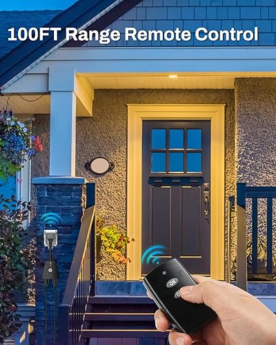 Miniatura 5 de HBN - Control remoto inalámbrico para interiores y exteriores, doble toma de 3 clavijas, resistente a la intemperie, 15 A, compacto, 2 enchufes de