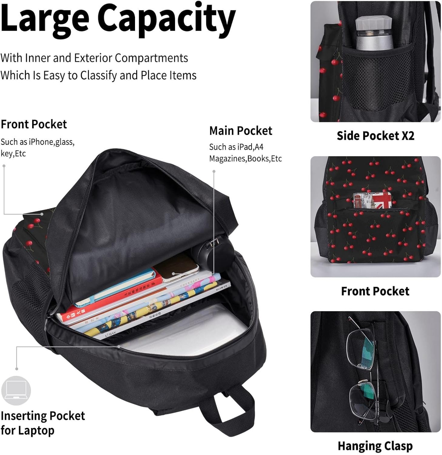 Cherry Black Backpack 3PCS Backpack Set 17 IN Computer backpack Laptop Backpack