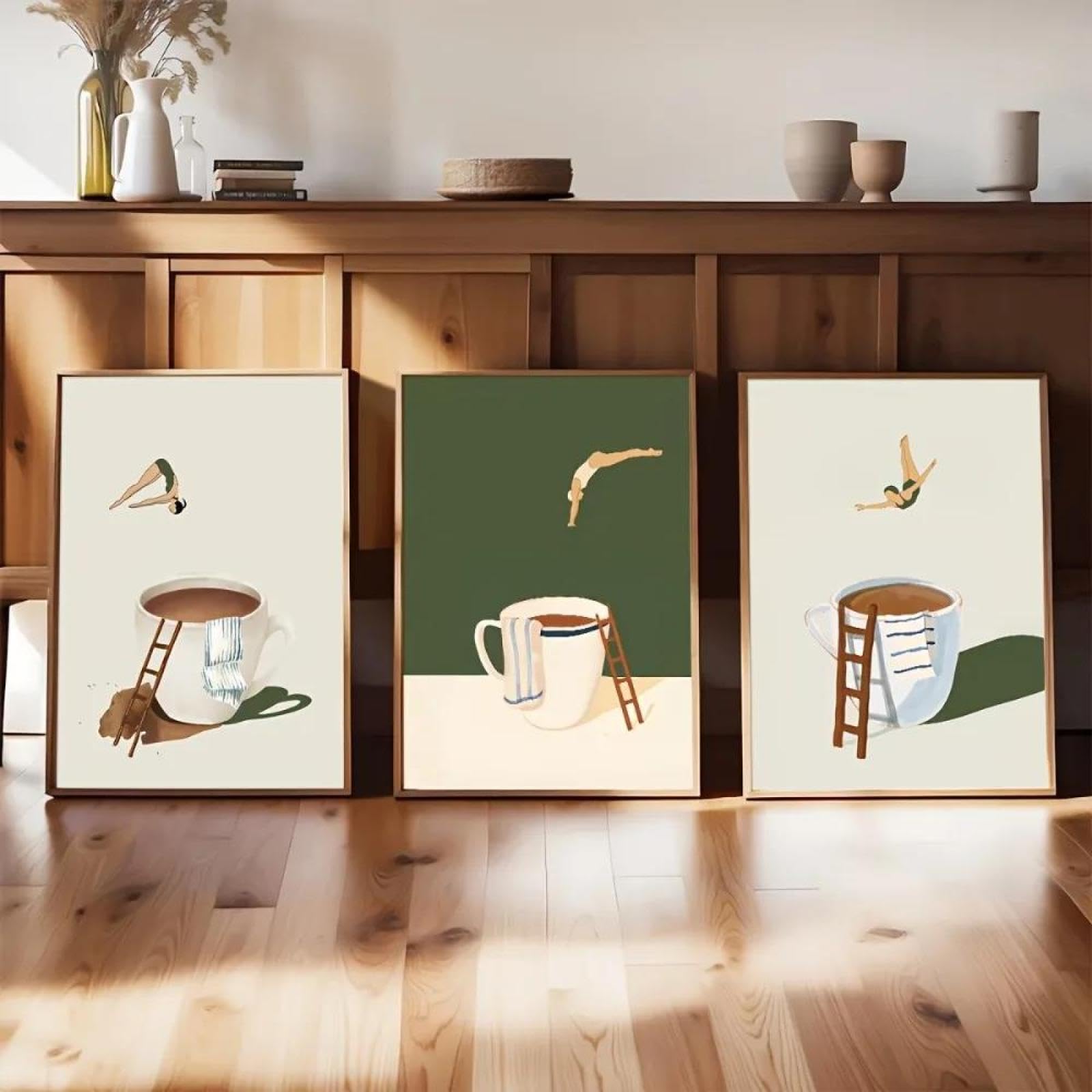 Lienzo de buceador de café para decorar un dormitorio moderno con arte divertido en tres piezas 8