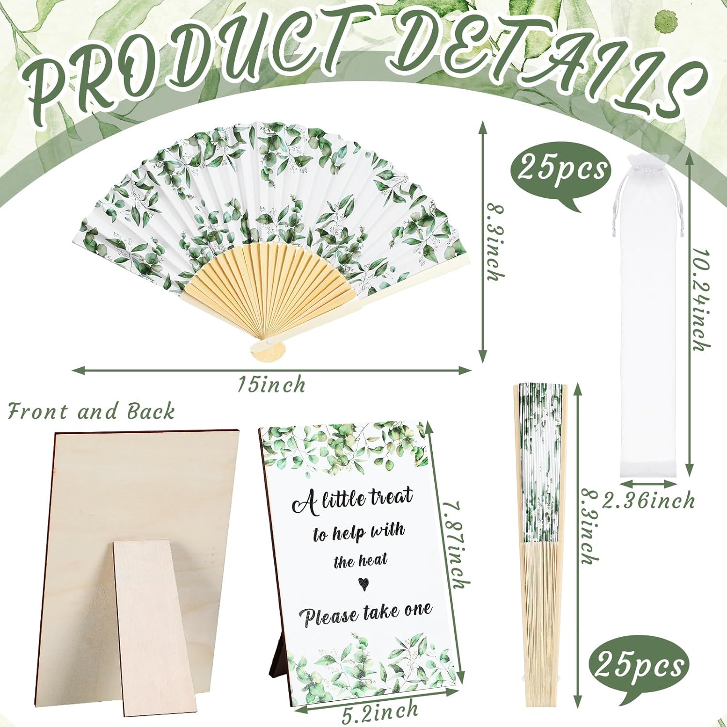 Leinuosen 51 Pcs Wedding Favors for Guests Bulk 25 Wedding Foldable Hand Fans Eucalyptus Leaves Handheld Paper Fans with 25 Organza Bags and a Table Sign for Bridal Shower Favor Appreciation