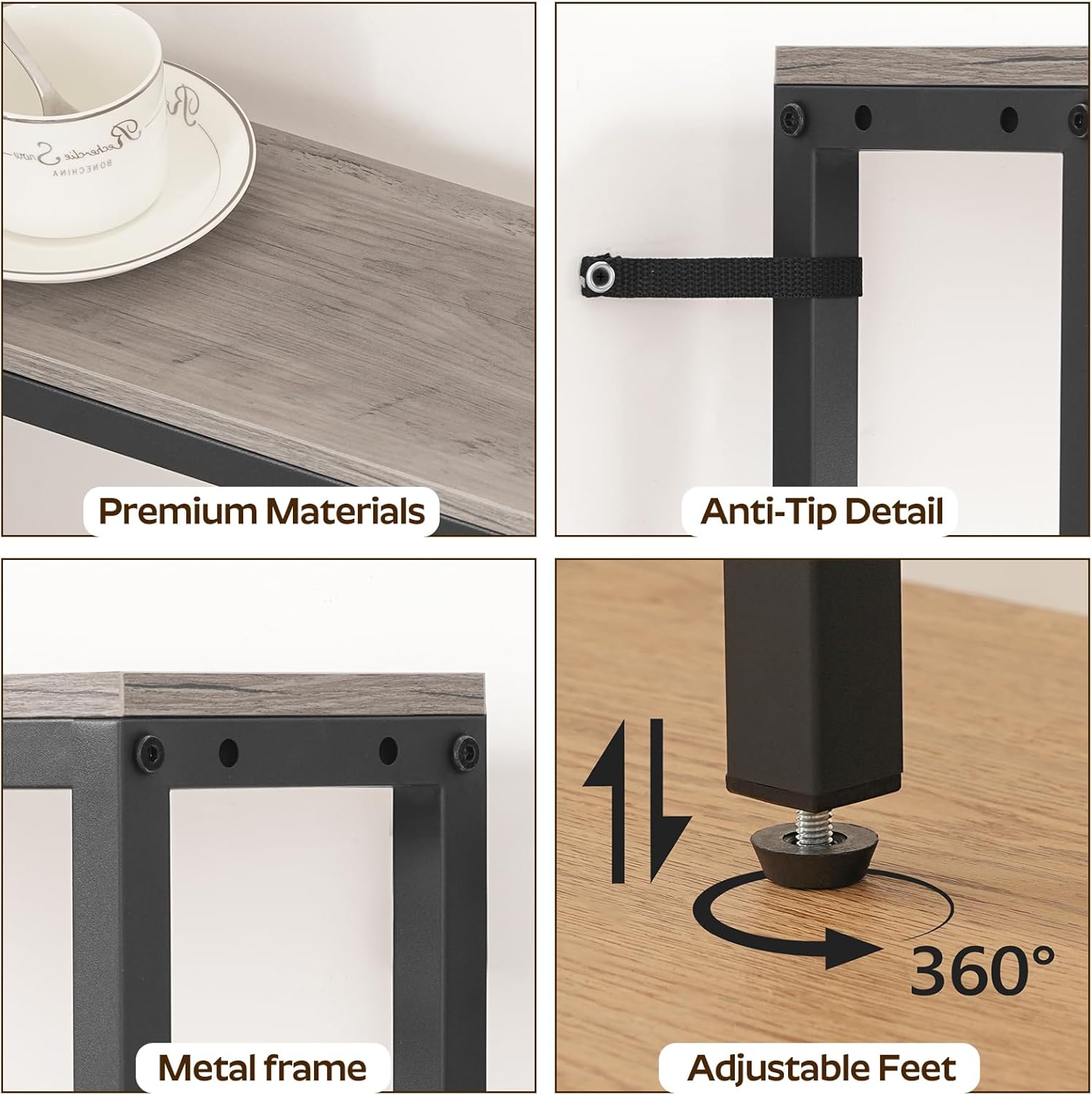 A collage of four close-up images showing product details: premium wood-grain tabletop, an anti-tip strap attached to the metal frame, the metal frame construction, and an adjustable foot with a 360-degree rotation arrow.