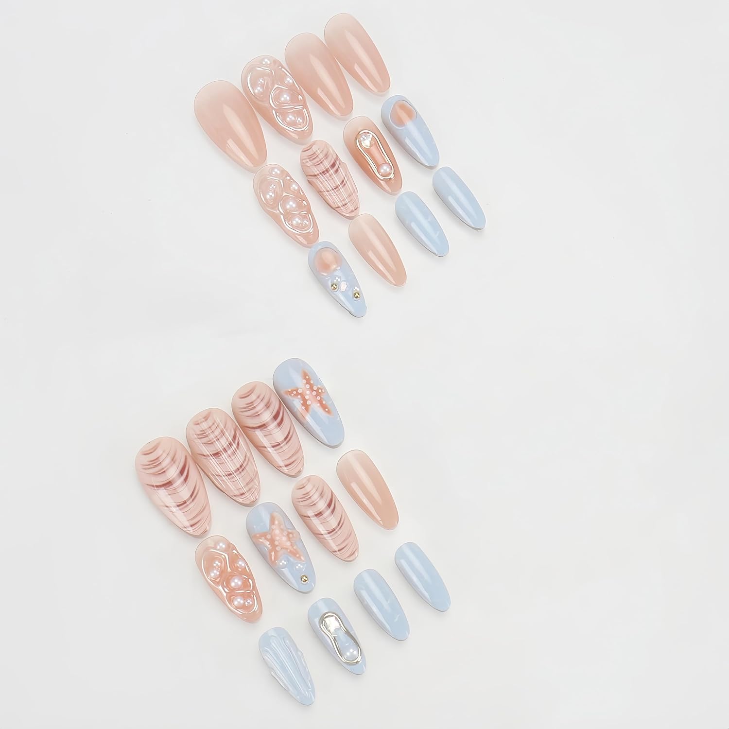 24pcs 3D Summer Seashells Press on Nails Long Length Almond False Nails Nude Blue Ombre Shell Pearl Golden Lines Designs Holiday Beach False Nails Glossy Full Cover Reusable Stick on Nails for Women