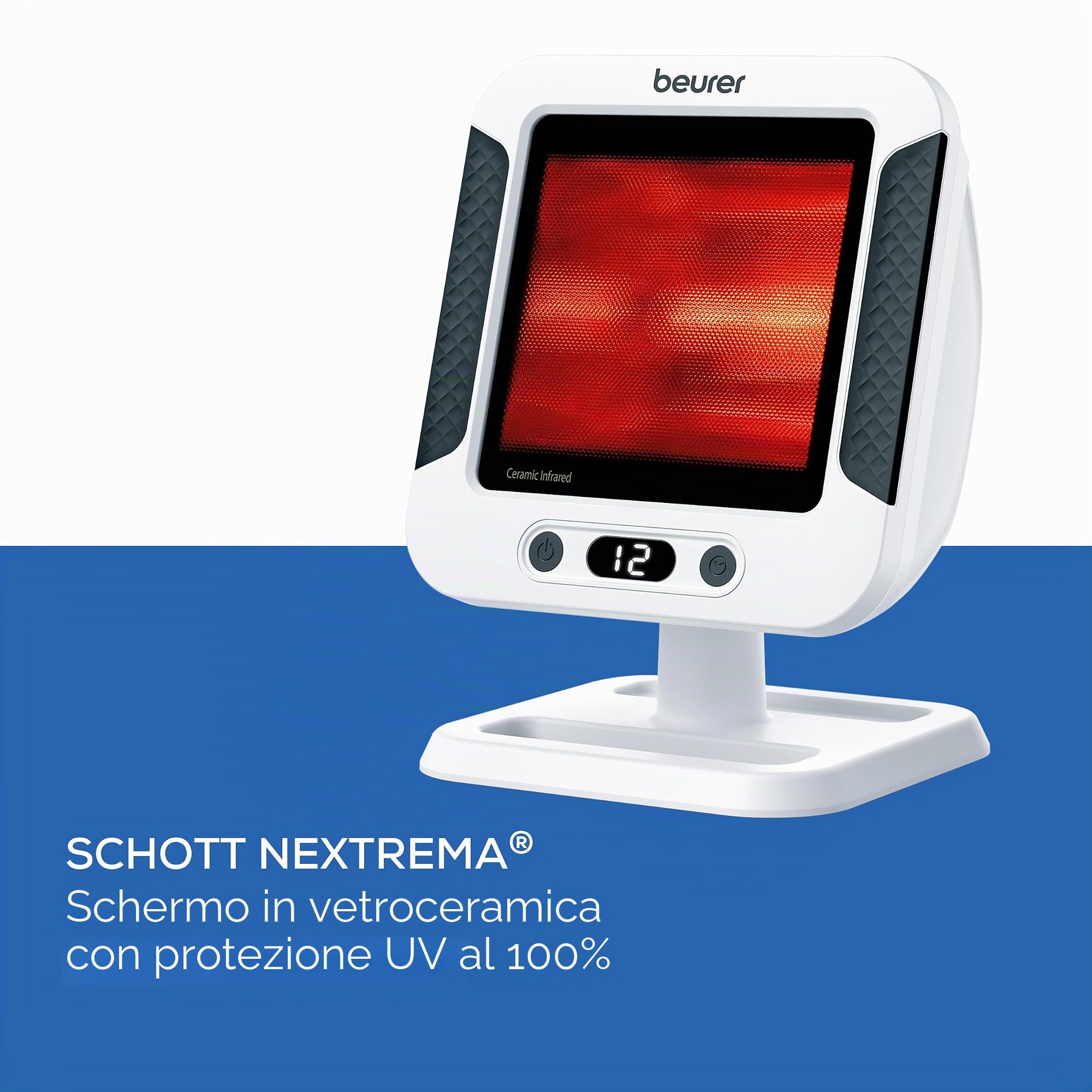 Beurer SCHOTT NEXTREMA - Lampada termica a infrarossi IL60, calore lenitivo per raffreddori e tensioni muscolari, terapia della luce a infrarossi con 300 Watt e timer, pannello in vetroceramica Schott