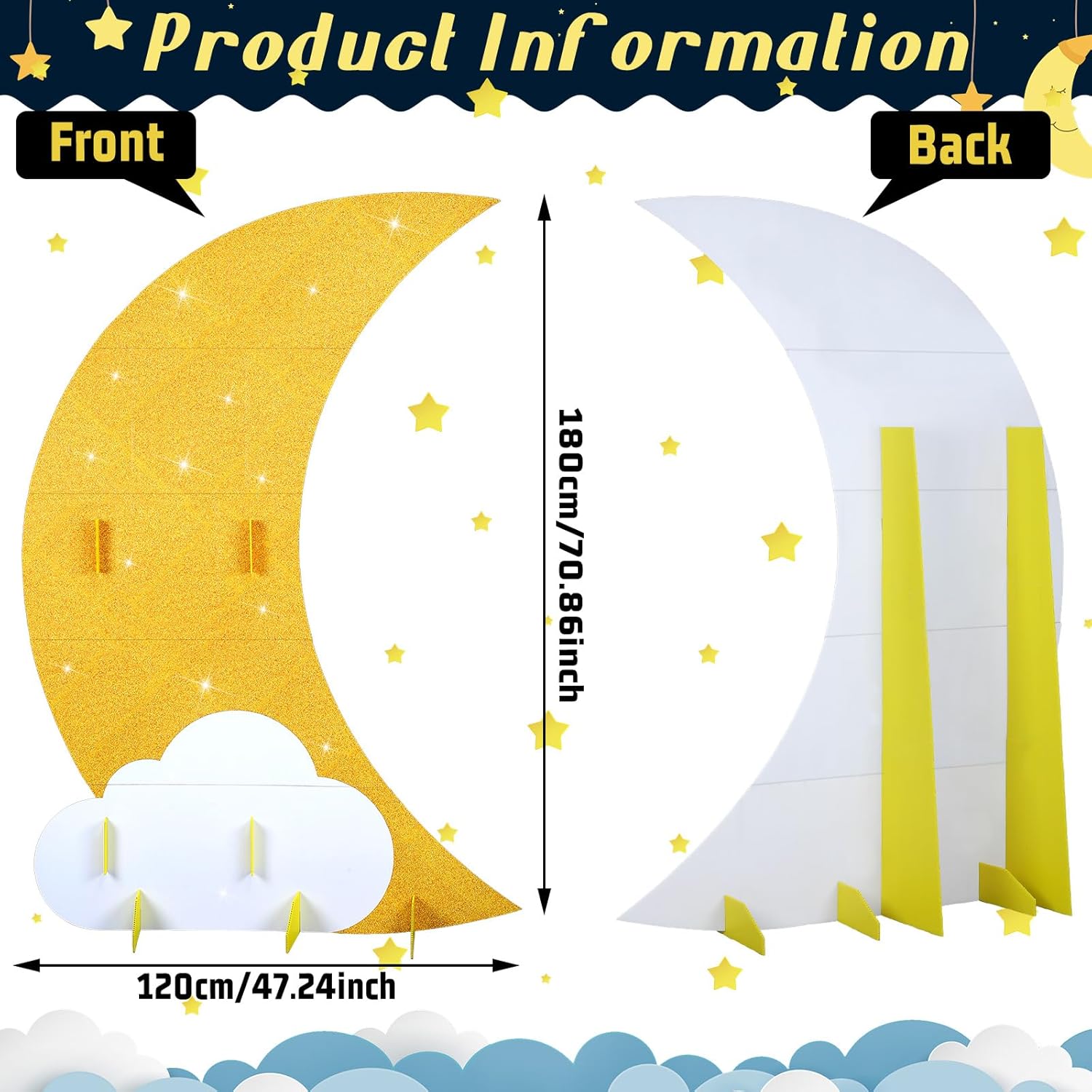 5.9 ft Large Moon Standup Party Decor Gold Moon Standup Party Decoration DIY Waterproof Starry Night Decor Photo Booth Props Cutouts for Movie Night Awards Wedding Birthday Homecomings