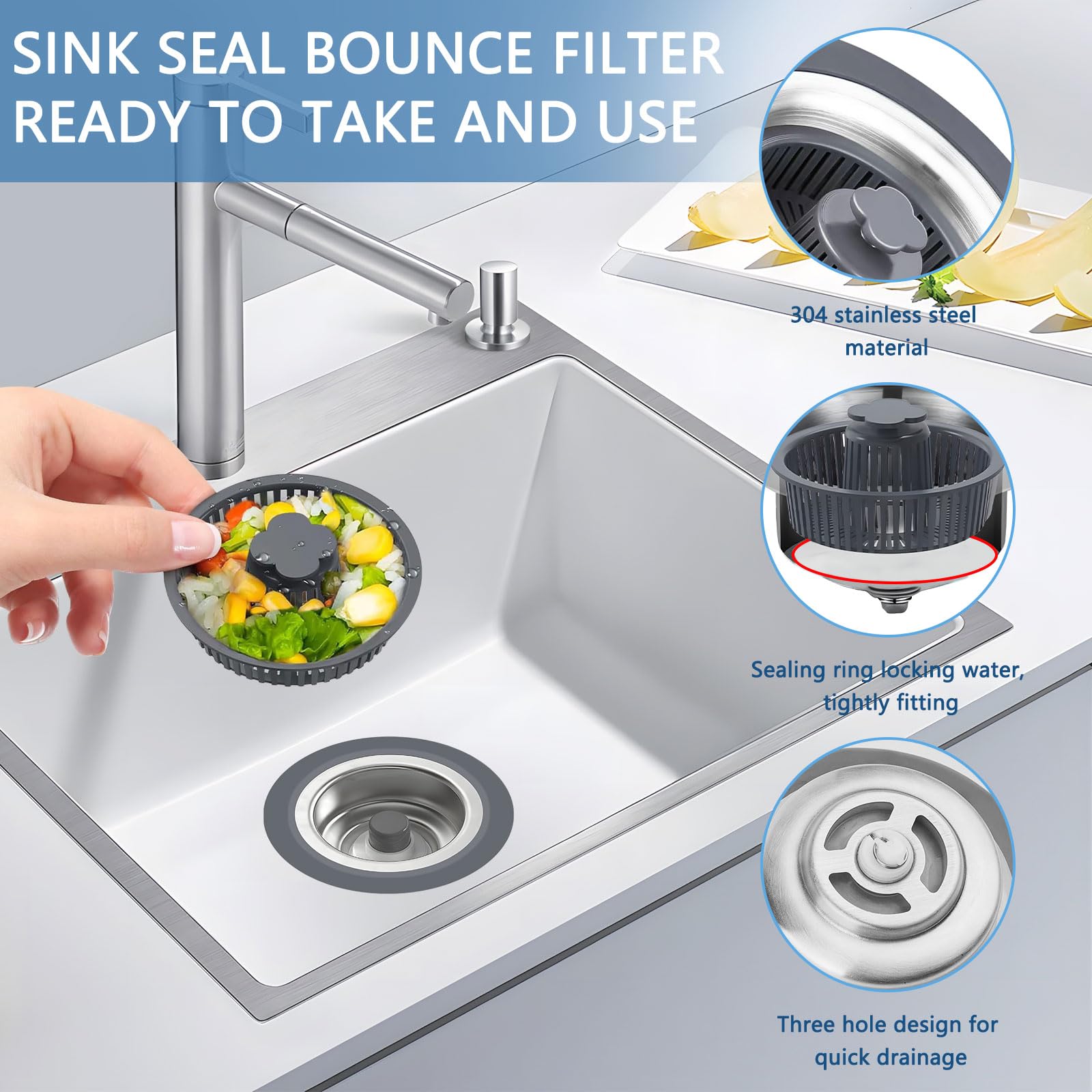 SELLO 3-in-1 Küchenabflusssieb – Aus 304 Edelstahl, Mit Pop-Up-Stopper & Filterkorb, Für 8,9 Cm Ablauf, Anti-verstopfend