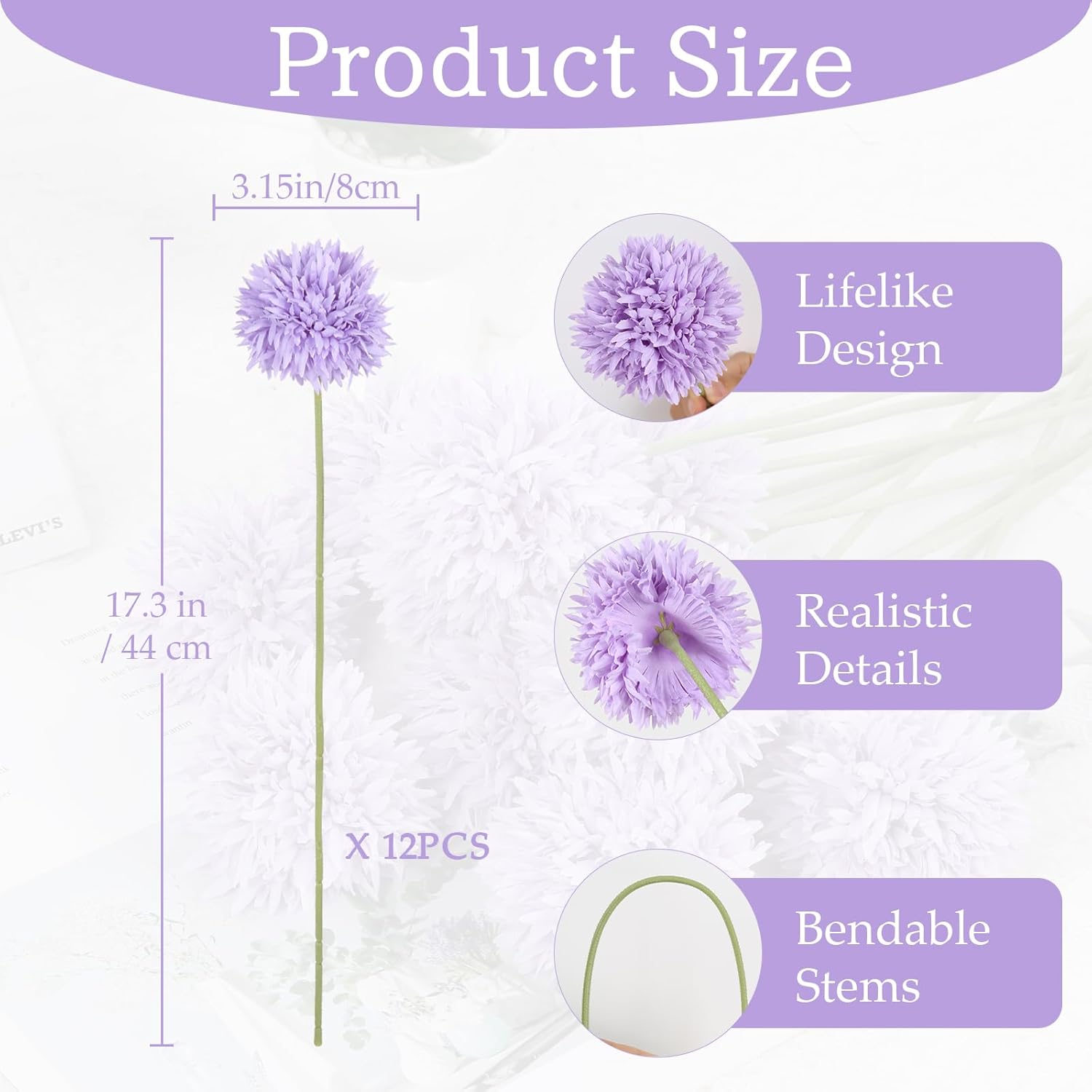 IPOPU 12PCS Artificial Chrysanthemums Balls Flower17.3’’ Purple Faux Mums Silk Flowers with Stems for Wedding Bouquet Home Party Garden Outdoor Decoration(Purple) - Image 2