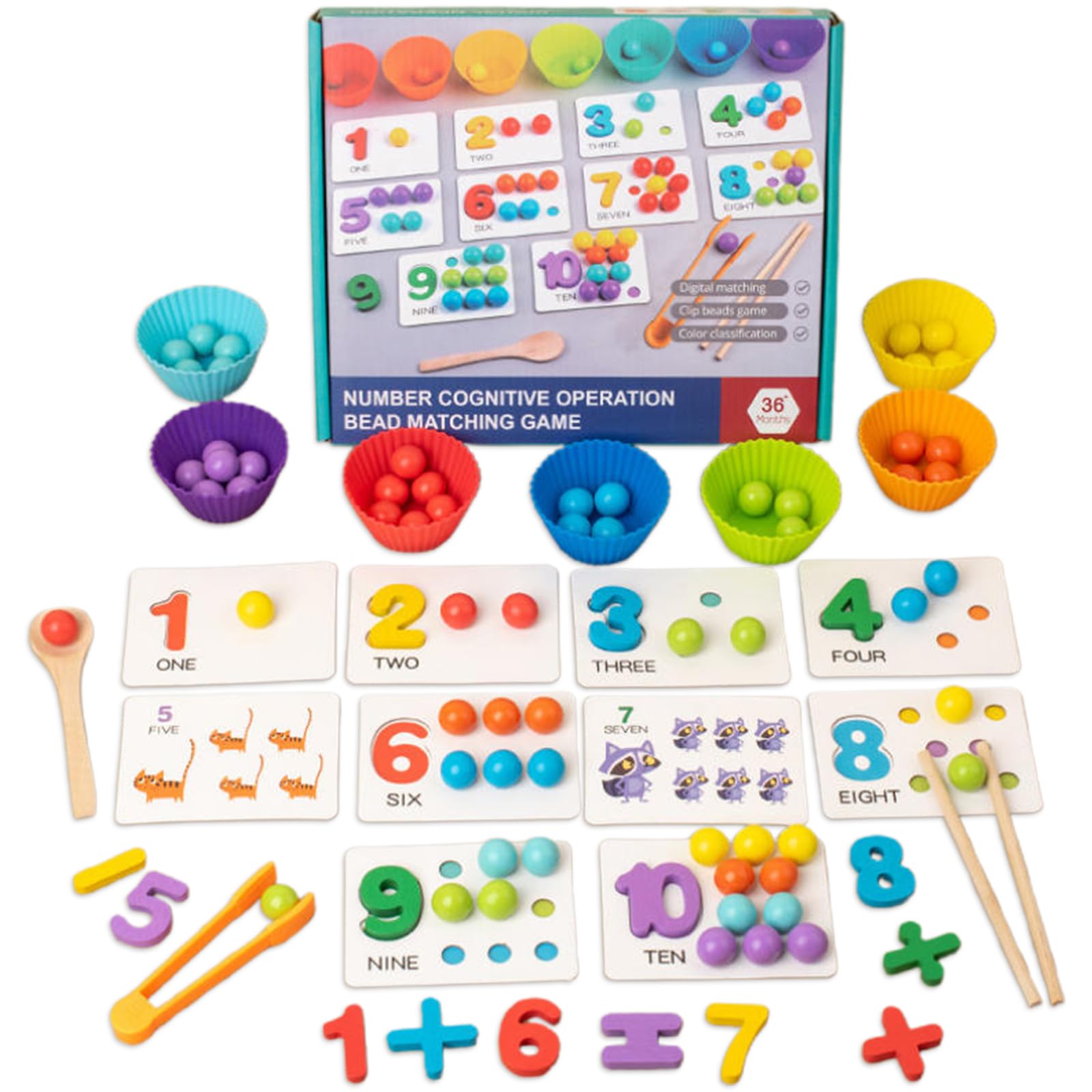 Wshxjzyay Montessori Arithmetic Math Toy Set, Montessori Arithmetic Kit, Silicone Number Learning with Beads, Number Cognitive Clip Bead Matching