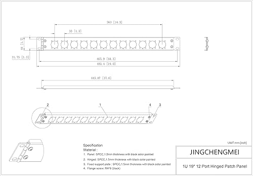 Miniatura 8 de Jingchengmei Panel de conexión con bisagras de 12 puertos, pasosorificios, conectores tipo D de 1U de 19 pulgadas para montaje en rack, audio con