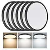 6PK 12 Inch Super Slim LED Flush Mount Ceiling Light, 24W, 2520LM, Selectable 3000K/4000K/6000K CCT, Low Profile Round Flat Panel Light for Bedroom, Kitchen, Hallway (Black)