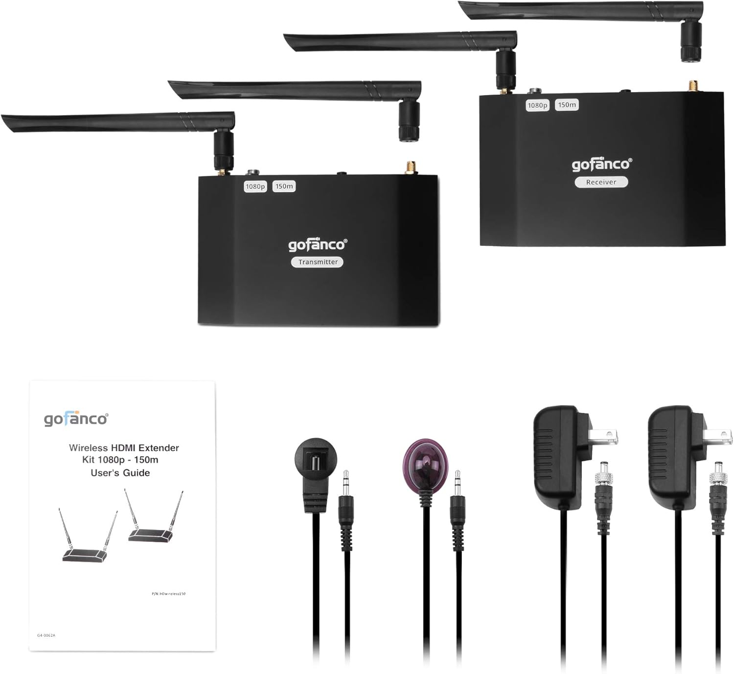 gofanco 150m Wireless HDMI Extender Transmitter and Receiver Kit – Dual Antenna – 500ft /150m in Open Space, Long Range [Up to 5 Pairs in 1 Area] – IR Extension – Full HD 1080p Video (HDwireless150)