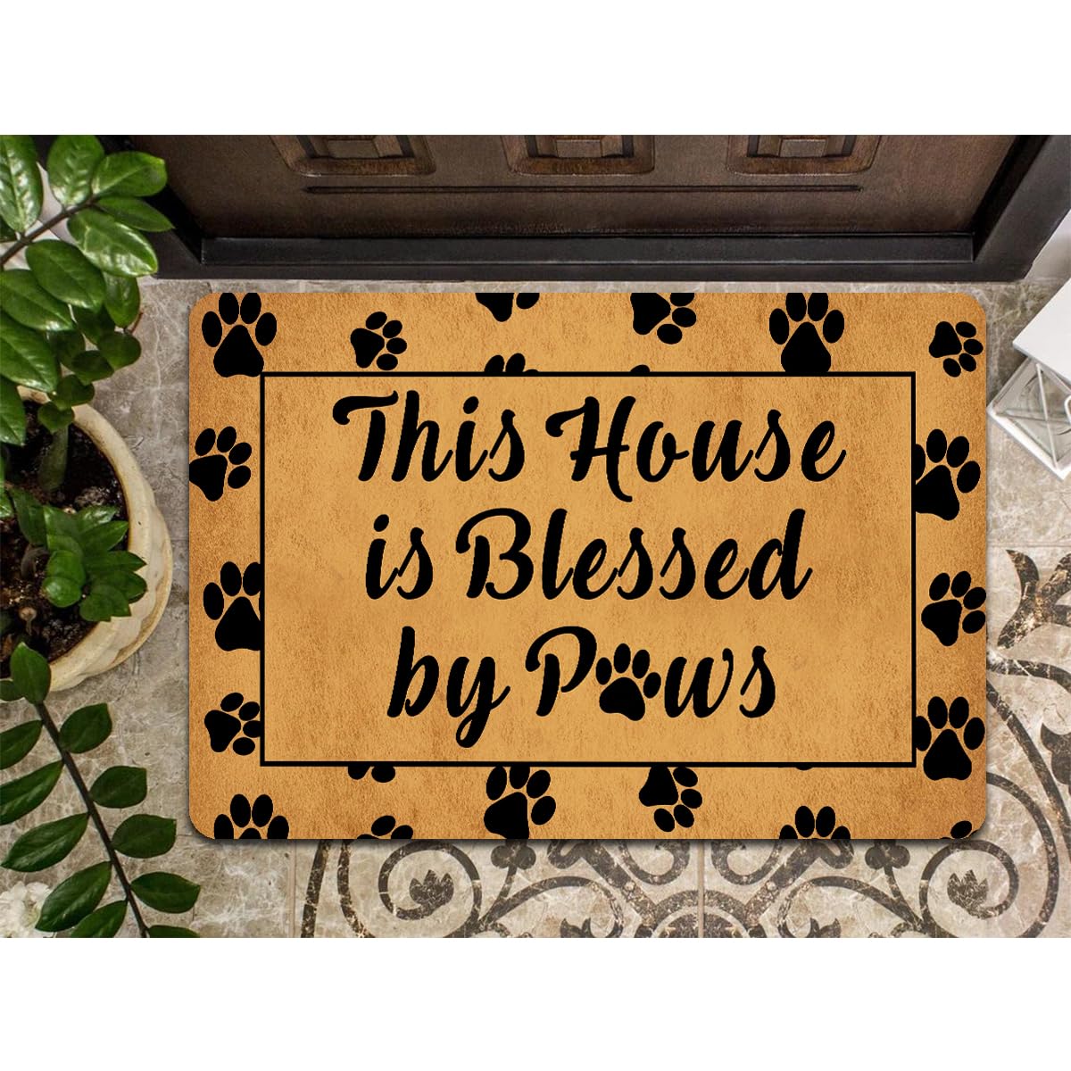 ZXQL Funny Welcome Doormat This House is Blessed by Paws Doormats for Entrance Colorful Doormat Personalized Non Slip Rubber Mat for Front Door Gift