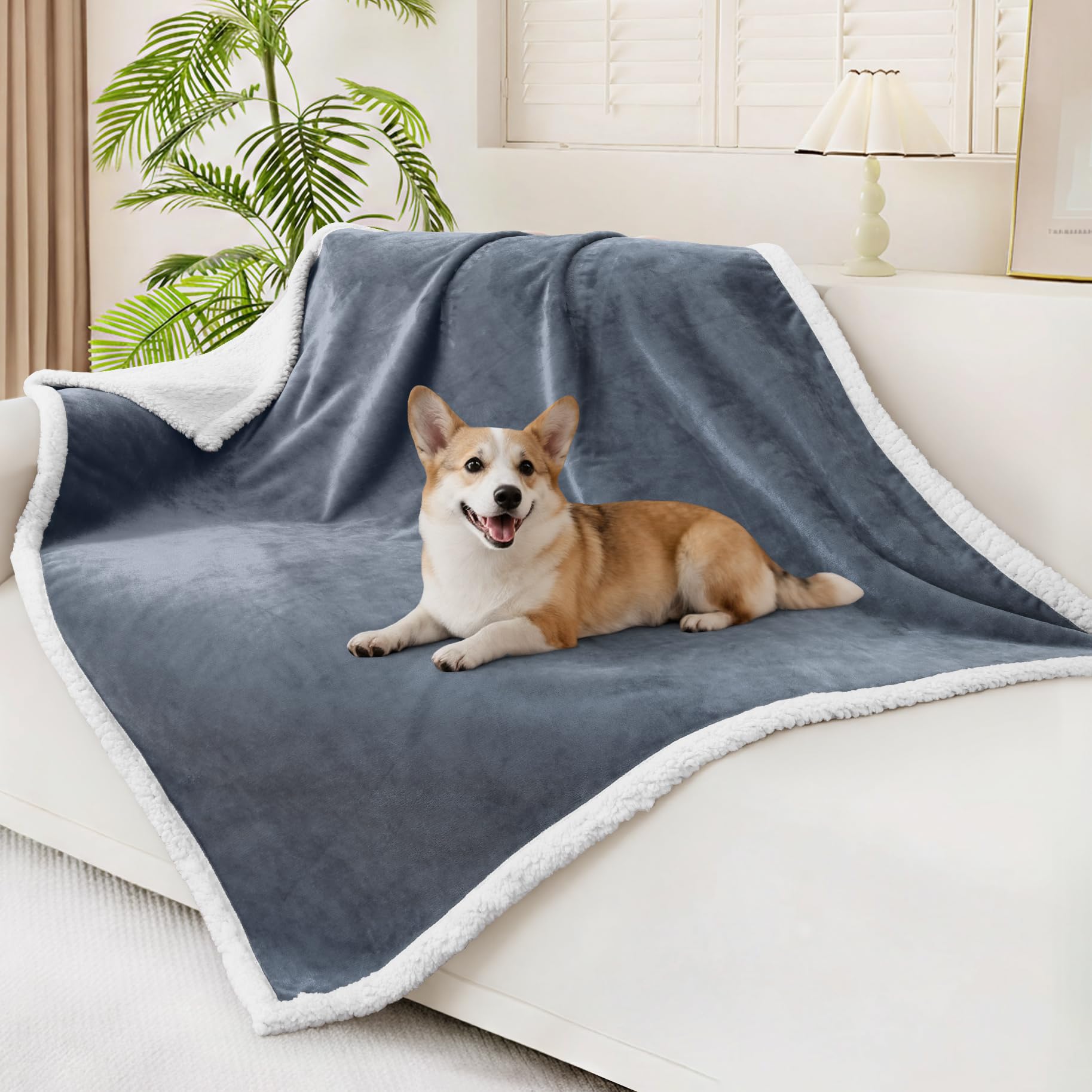Smiry Waterproof Blanket Throw for Large Dogs Soft Reversible Dog Blanket for Sofa Couch Bed Washable Leakproof Sherpa