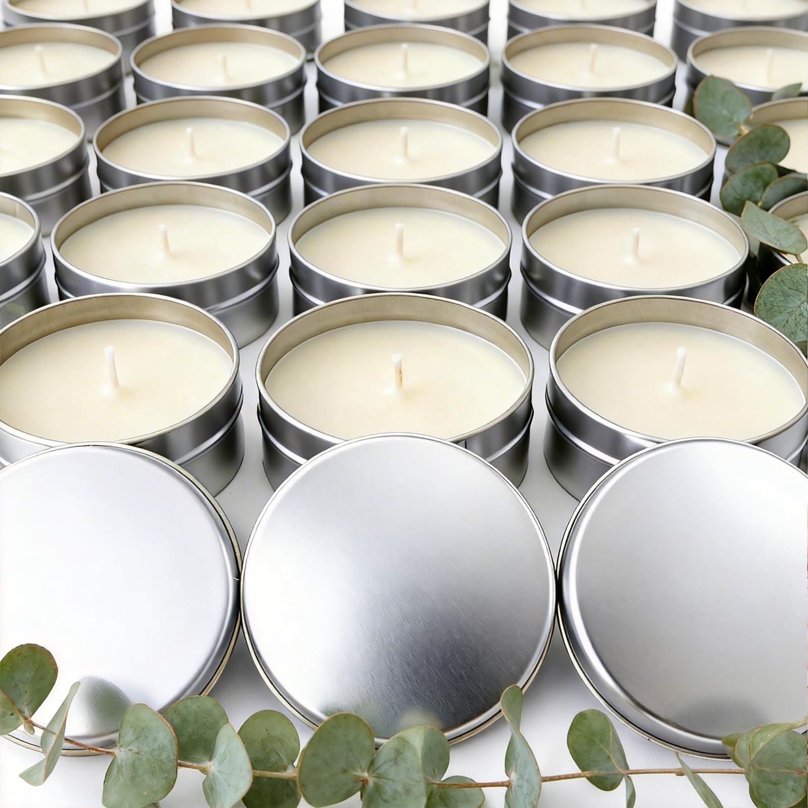 Juego de 50 velas de soja perfumadas de eucalipto de 2 onzas a granel, recuerdos de boda para invitados, despedidas de soltera y regalos de inauguración de la casa, recuerdos de fiesta, cera de