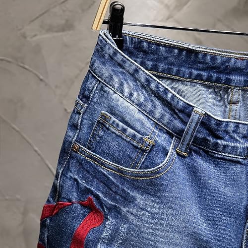 Gretd Summer Men's Embroidered Ripped Denim Shorts Blue Slim Straight Jeans Men's Shorts Denim Shorts (Color : A, Size : 32) #TOP5