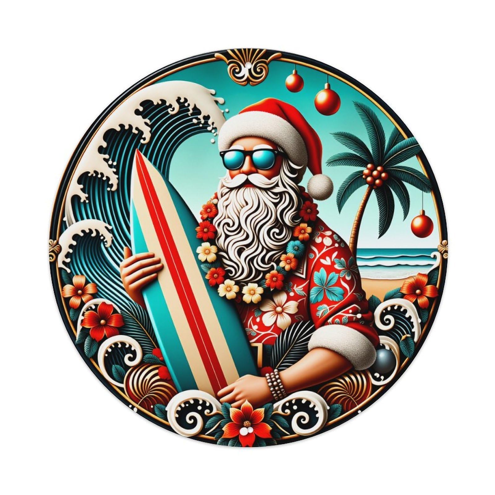 Santa Surfing Tropical Waves Vintage Metal Tin Sign Retro Wall Decor for Home Bar Garage Cafe, Indoor & Outdoor Decorative，circle Metal Poster, 8x8 Inch
