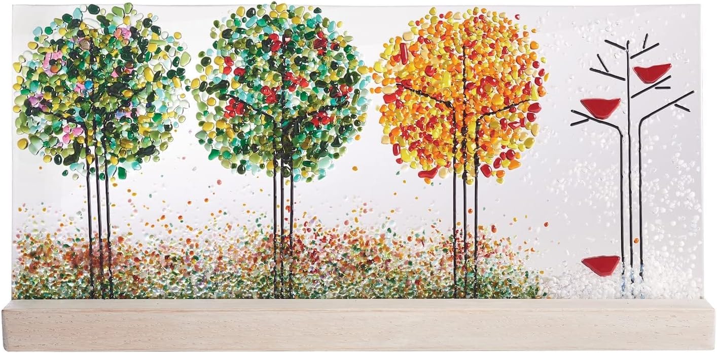 WARM GLASS WONDER Art Glass Panel Four Seasons Trees Design in Wood Stand by Artist B Skinner, 16" x 7 3/4"