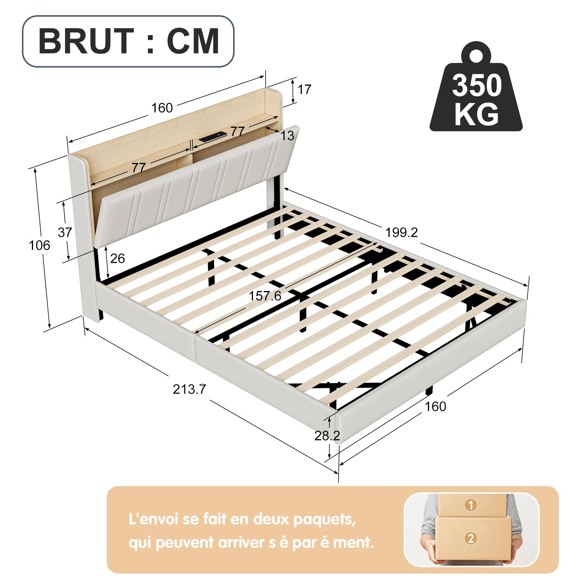 Lit Coffre 160x200 avec Sommier,Cadre de Lit avec Éclairage LED et Charge USB,Lits 2 Personnes avec Rangement de Tête de lit,lit Double 160x200 avec Cadre Flottant,PU, Blanc(sans Matelas)